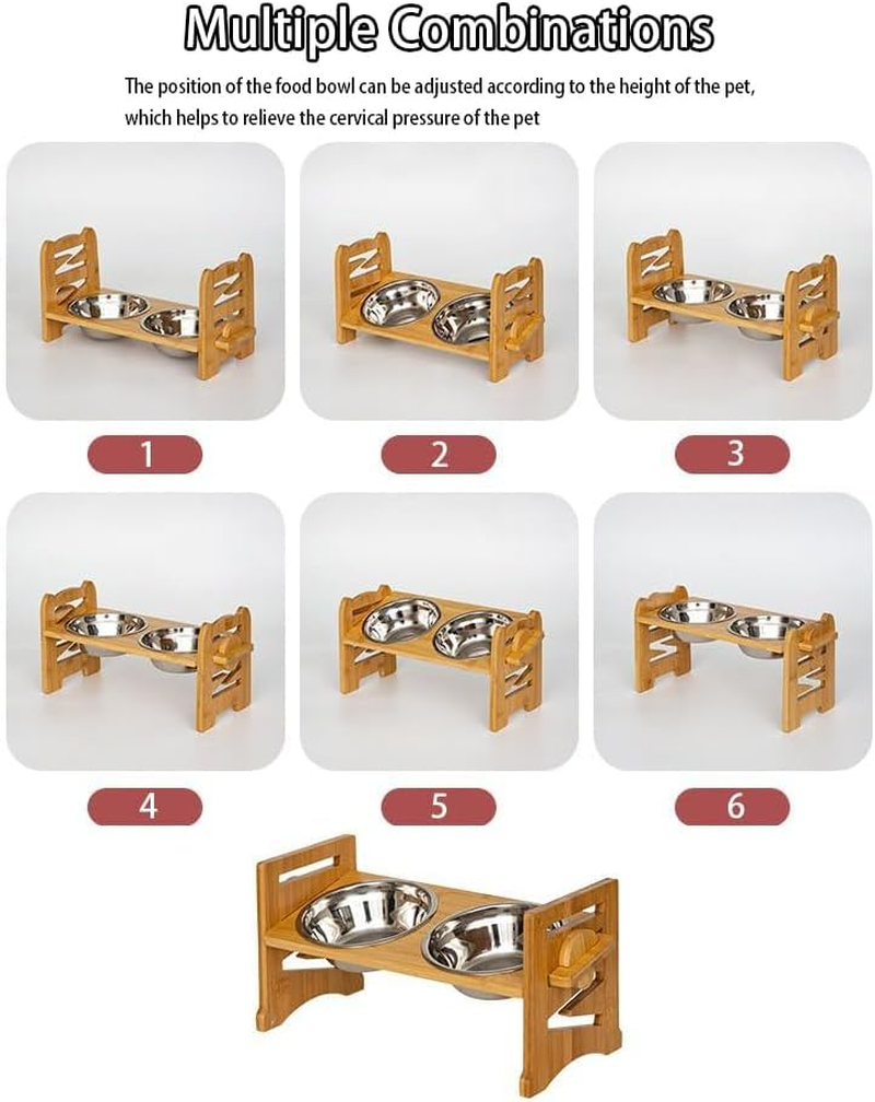 Adjustable Bamboo Pet Feeder Stand 2PCS with Stainless Steel Bowls, Anti-Slip Base & 15&deg; Tilt Angle for Dogs Cats 6-Level Height/Angle Food Bowl Holder, Easy Clean Dog Cat Feeding Station 014 image number 4