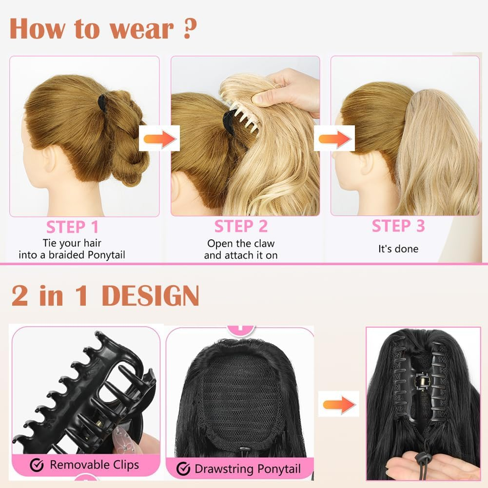 PORSMEER Ponytail Hairpiece with Clip, Claw Clip in Hair Extensions, 66 Cm Long Voluminous Wavy Ponytail Extension Hairpiece Braid Brown with Golden Highlights Colour for Women - Black/Brown image number 6