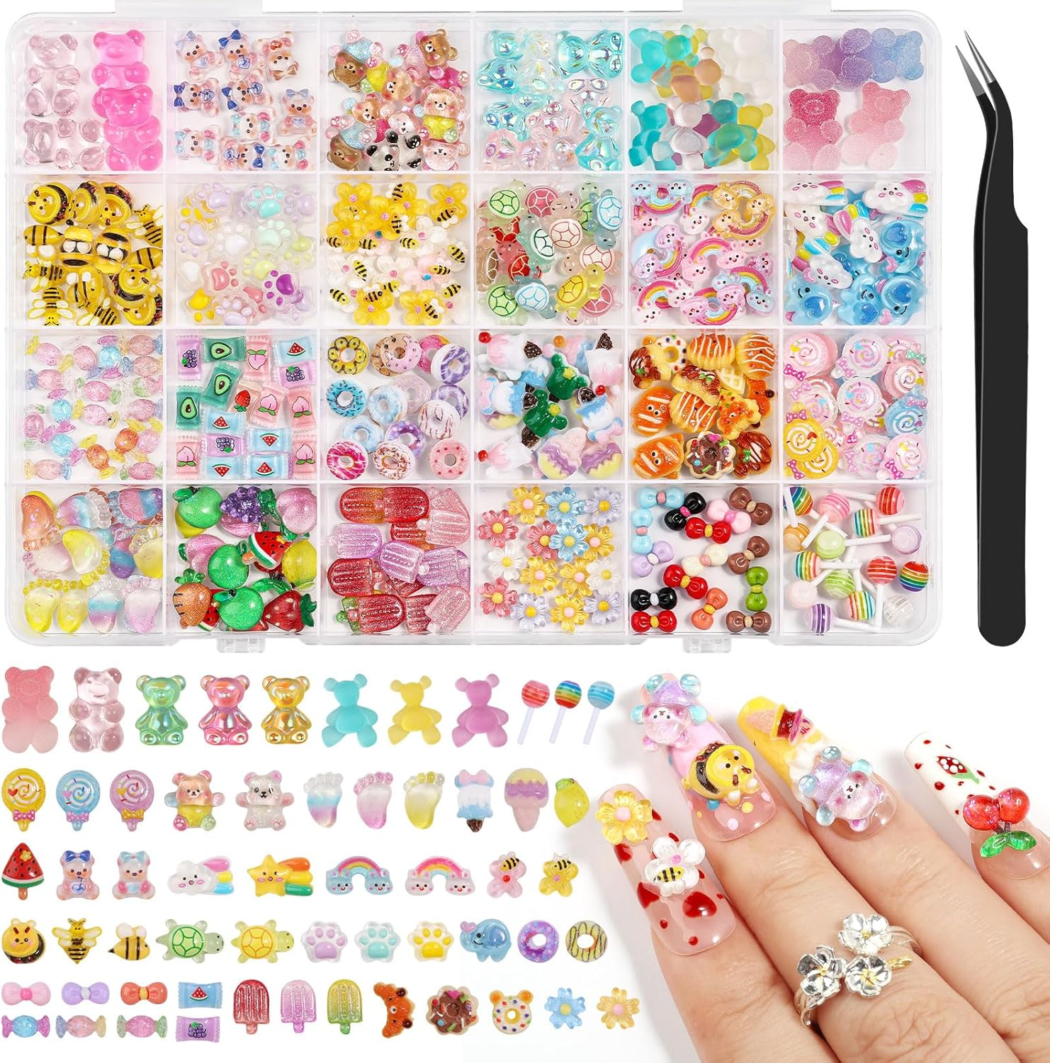 Kikonoke 200PCS Kawaii Nail Charms Kit, 3D Lip Candy Gummy Bear Resin Charms for Acrylic Nails, Sweet Nail Art Supplies with Tweezers for DIY Crafts, Slime & Shoe Decor