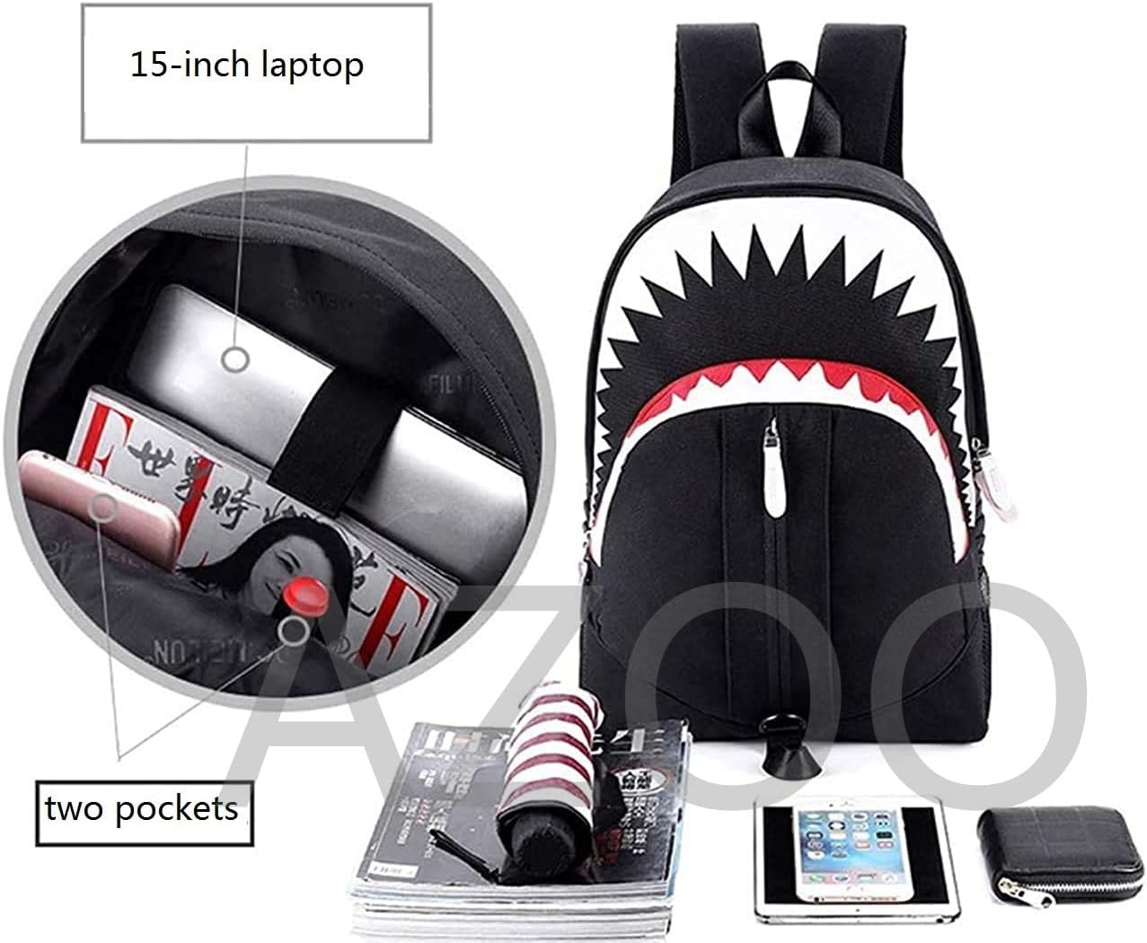 AZOO Backpack for School,Shark Backpack Luminous Bookbag Casual Daypack for Women Men/Teen Girls Boys Travel Backpack for USB Port Personalized Backpack, Can Accommodate A4 Size Birthday Present image number 4