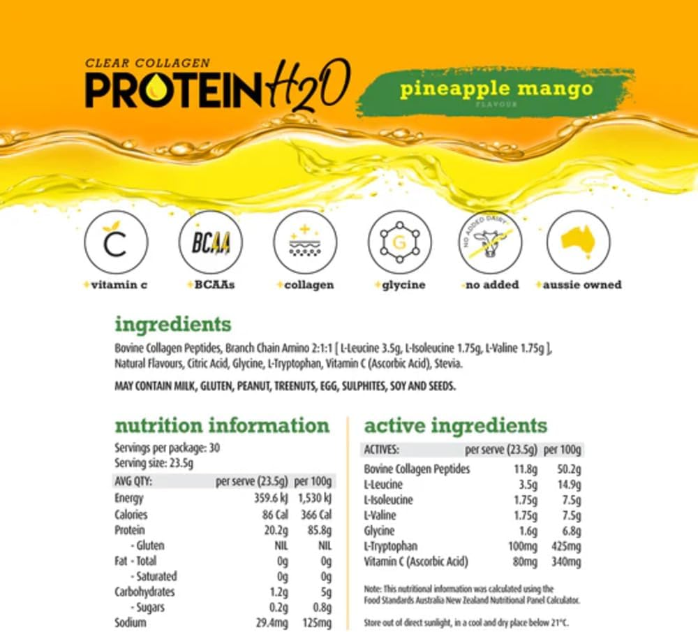 WHITE WOLF NUTRITION Protein H20 Pineapple Mango Powder, 705G, 30 Serves, 20.2G Protein per Serve