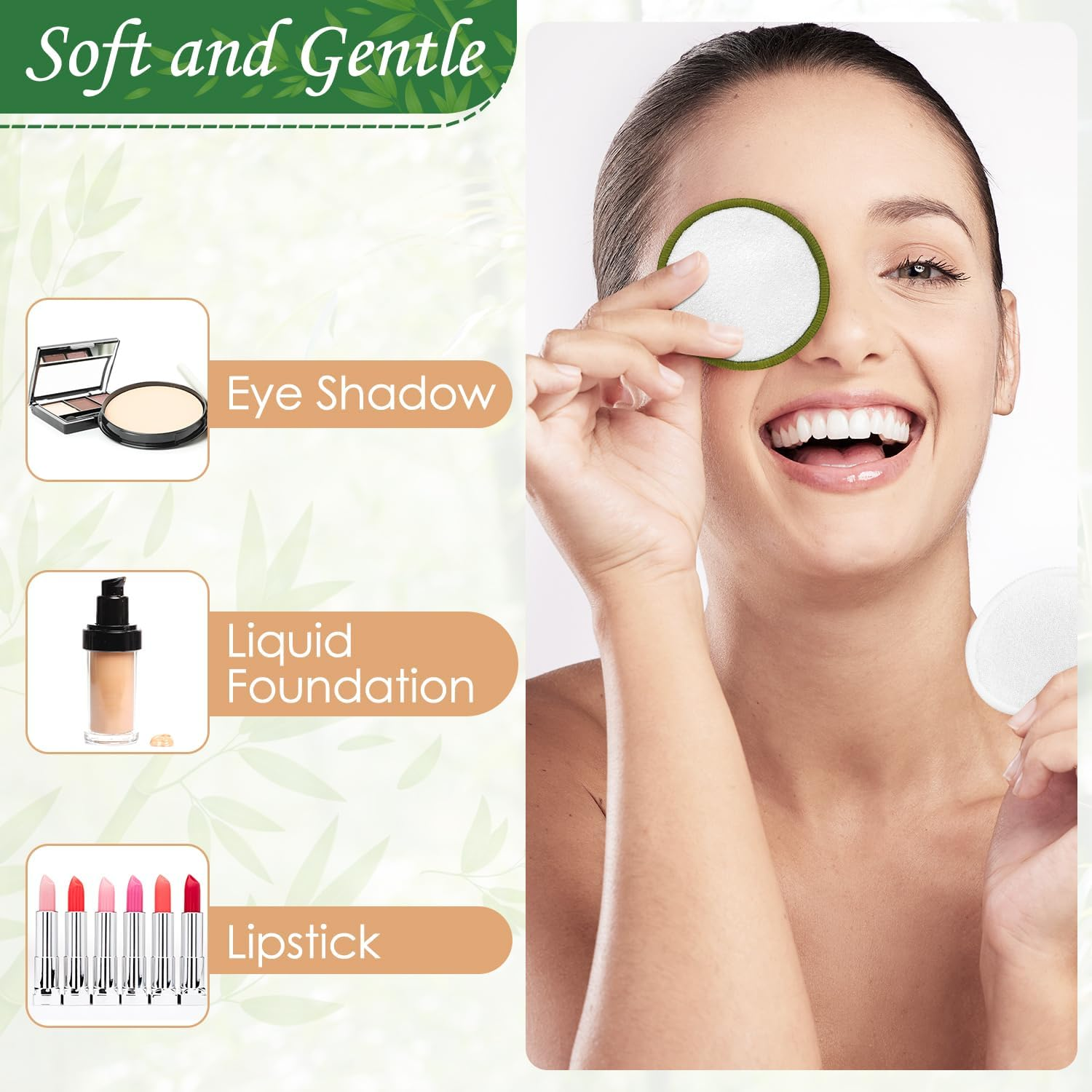 WOTOW Set of 20PCS Reusable Makeup Remover Pads for Face, Washable Bamboo Cotton Rounds Reusable Makeup Cotton Rounds with Mesh Bag and round Storage Box for All Skin Types image number 6