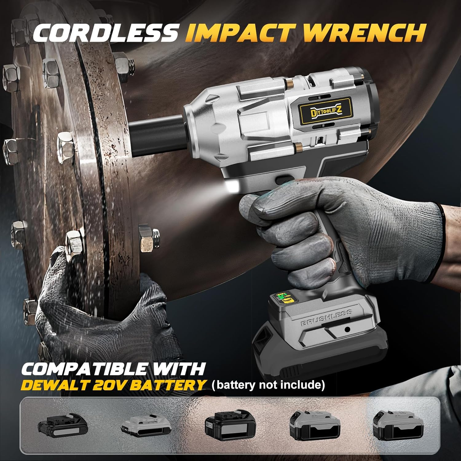 Cordless Impact Wrench for Dewalt 20V Battery,1/2 Inch Impact Wrench 900Ft-Lbs(1200N.M) High Torque Brushless Electric Impact Gun, Power Impact Driver with 4-Mode Speed, LED Work Light(No Battery) image number 3
