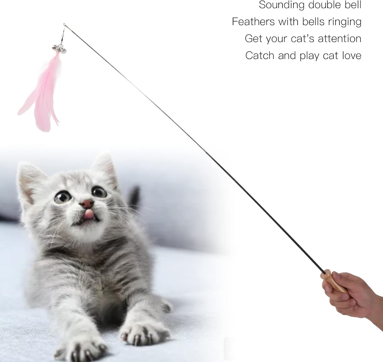 Cat Stick Toy, Retractable Cat Stick with Wooden Pole, Funny Cat Stick with Feather Bell, Flexible Carbon Fiber Rod Cat Feather Toys Interactive Cat Toys for Indoor Cats (Pink)