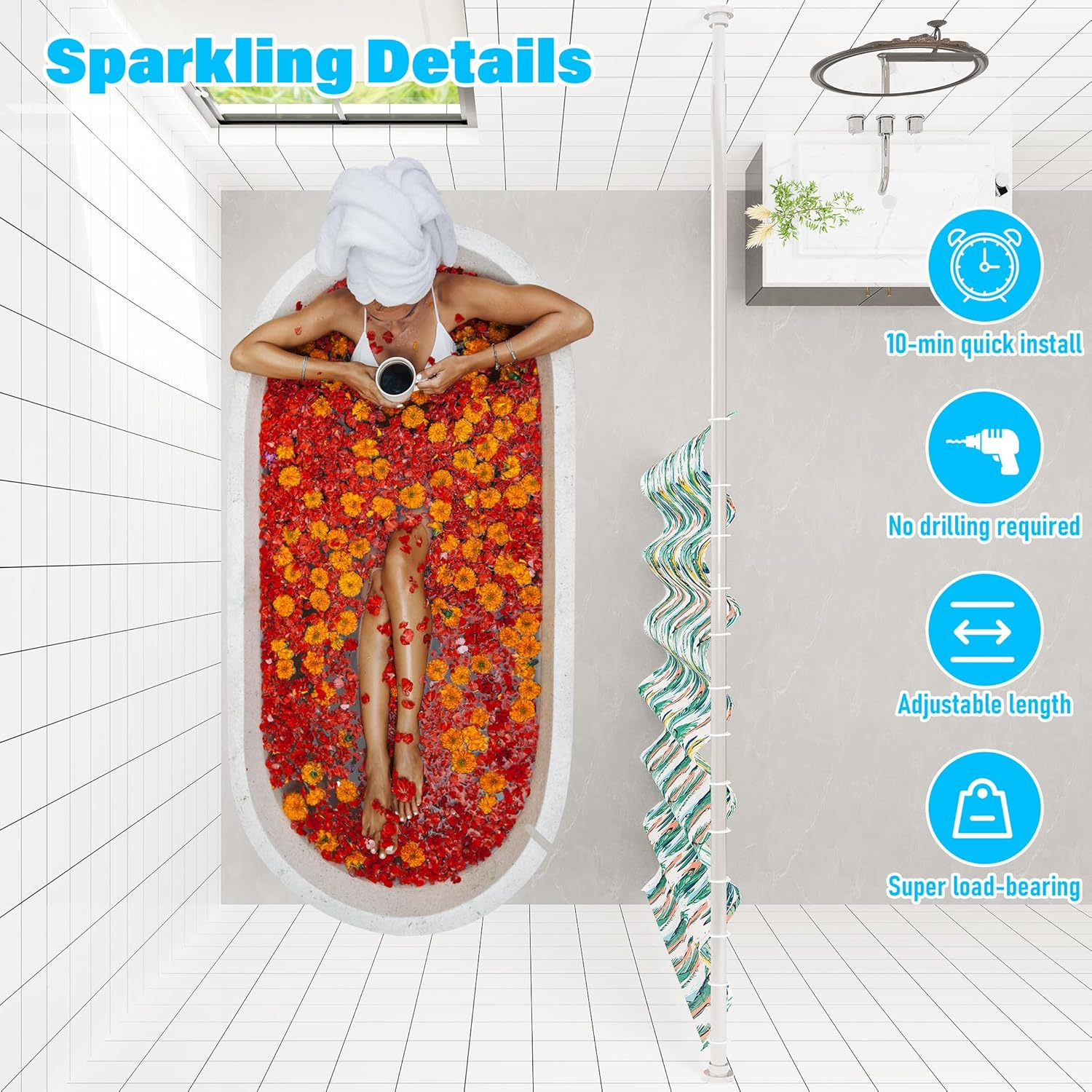 Shower Curtain Rod No Drill，80-155Cm Adjustable Curtain Rod，Stainless Steel Curtain Rod for Bathrooms, Wardrobe, Window，Non Slip, No Rust, No Drill,Brush Nickel image number 6