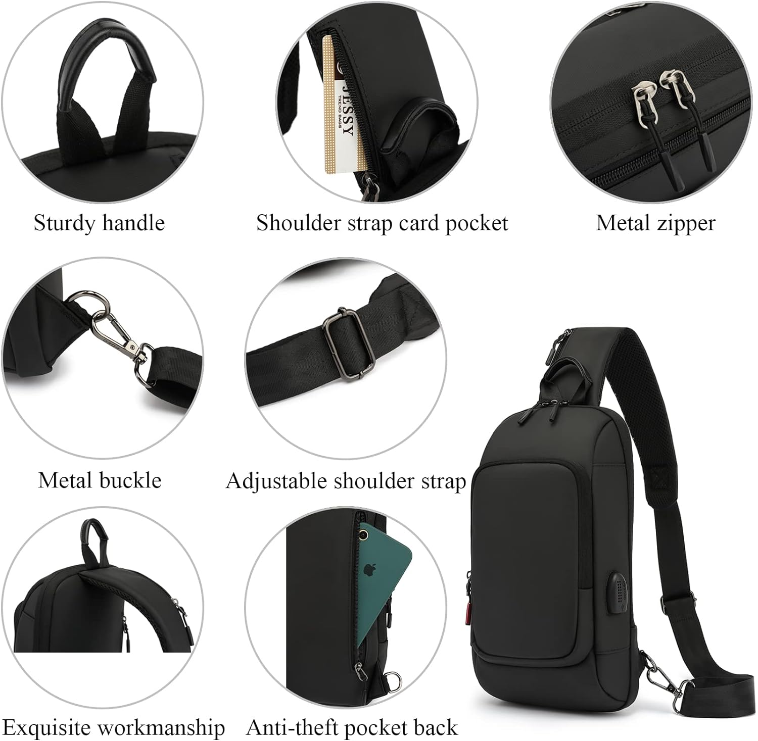 Qiccijoo Sling Bag Crossbody Backpack for Men Women Small Sling Backpack Travel Hiking Backpack with USB Charger Port anti Theft Shoulder Bag Multipurpose Chest Bag(Black) image number 5