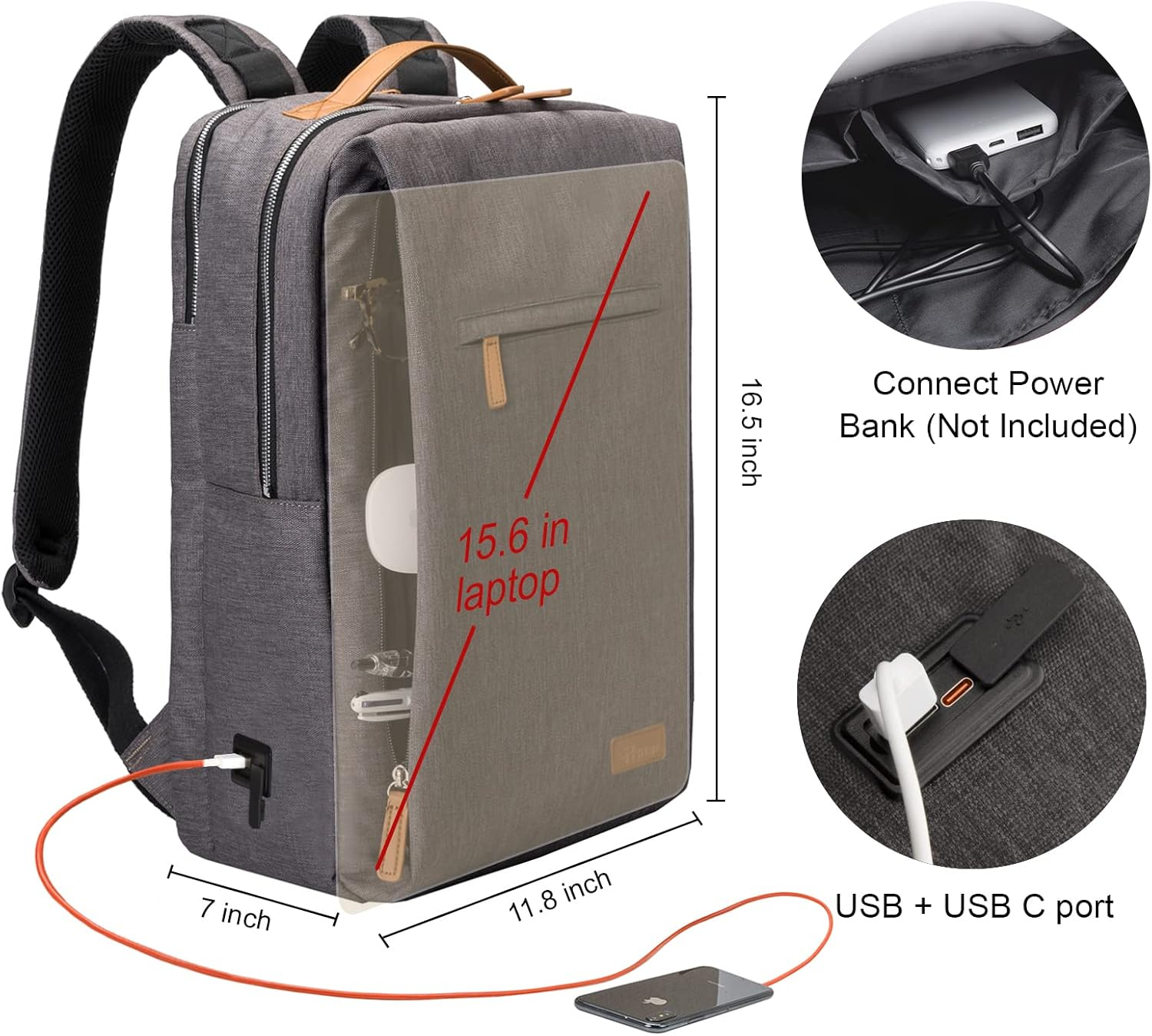 Hp Hope Smart Laptop Backpack, Work Business Backpack for Women, 15.6Inch with USB Charging Port and Lock Fit Computer Business Bookbag for Men Women College School Gift - A3-Grey-15.6 image number 3