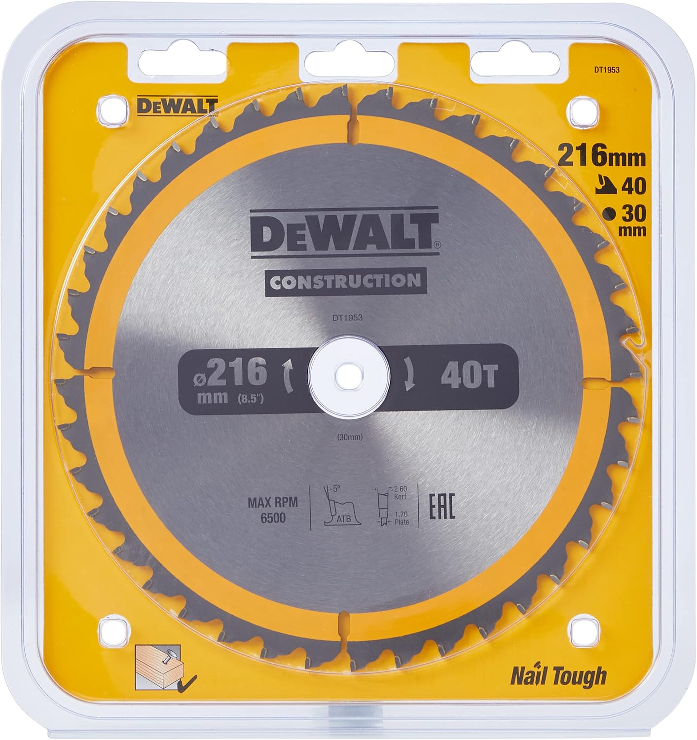 Dewalt DT1953-QZ Dt1953-Qz-Hoja Para Construcci&oacute;n 216X30Mm 40D, Yellow/Black, 216/30 Mm 40WZ image number 3