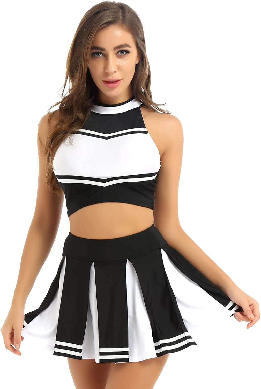 Aislor 2Pcs Womens Cheer Leader Costume Schoolgirls Uniform Outfit Crop Top with Pleated Mini Skirt