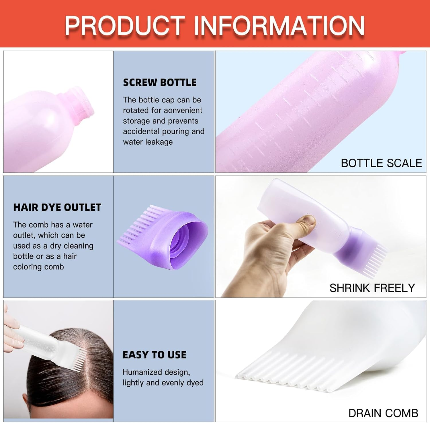 6 Ounce Root Comb Applicator Bottle, 2 Pack, Pink - Hair Oil Applicator, Hair Dye Applicator, Travel, School-Pink image number 3