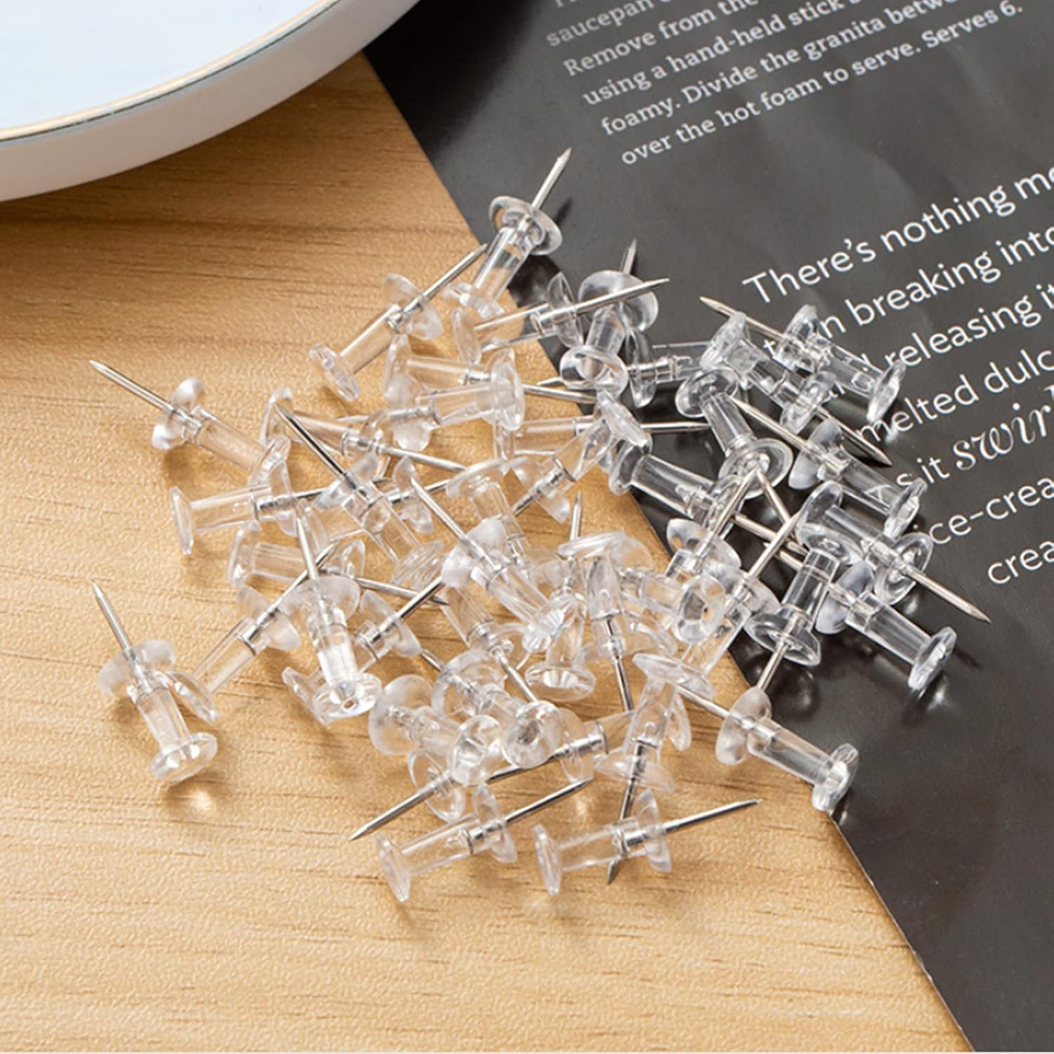 ZHIYE 100Pcs Clear Push Pins, Drawing Pins Thumb Tacks Map Pins with Storage Box for Home Office Pin Board Notice Board Pins image number 1