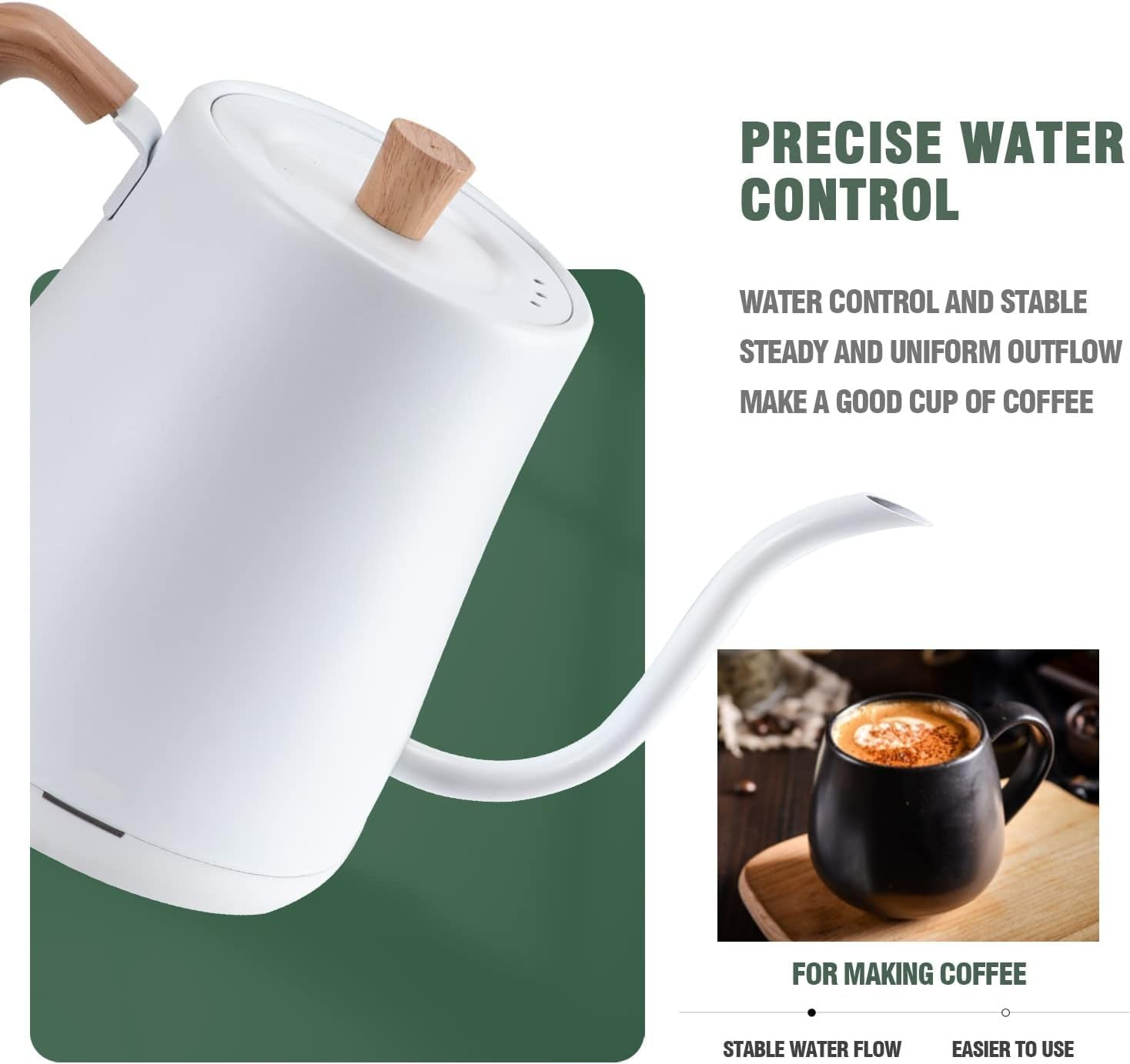 Gooseneck Electric Kettle 0.8L,304 Stainless Steel for Pour-Over Coffee & Tea, 1000W Rapid Heating, Leak-Proof Design, Auto Shutoff Anti-Dry Protection, Wood Handle (White) - White image number 5