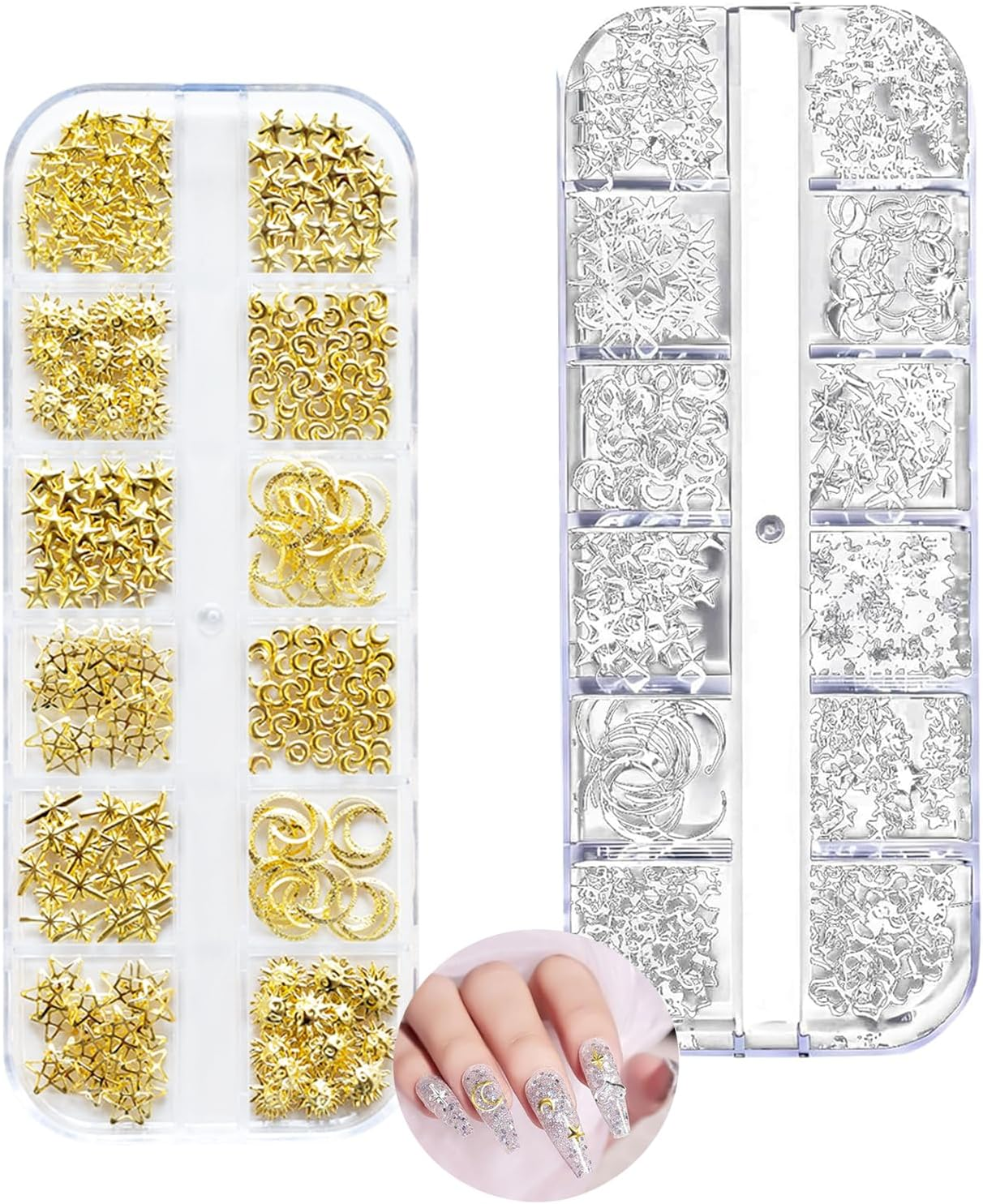 Yeanifeana 2 Boxes Nail Charms, Gold Silver Star Moon Sun Nail Jewelry Decorations, Nail Art Rhinestones for Women Girls DIY Manicure Crafting Decoration