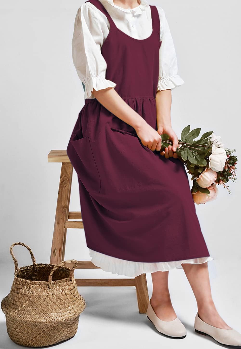 NEWGEM Cotton Linen Cross Back Apron for Women with Pockets Cute Japanese Korean Style Pinafore Dress Purplish Red, 1 Magenta Apron without Waist Ties, One Size image number 4