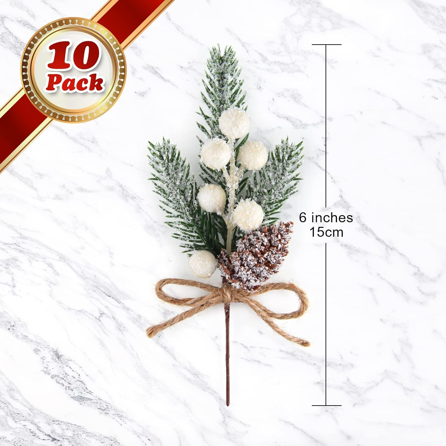 ELECLAND 10 Pcs Christmas Picks Decorations Artificial Pine Branches Stems Spray with Pine Cones Faux Pine Picks Red Berry Holly Leaves for Craft Floral Christmas Wreath Picks Ornaments, White - Red image number 3