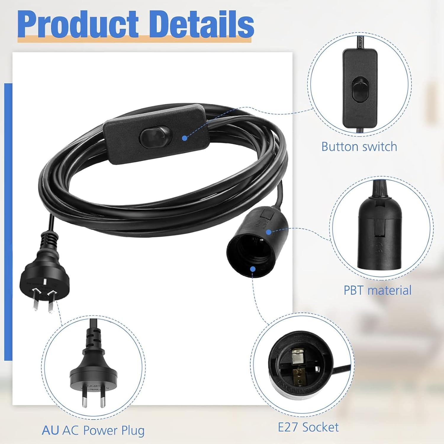 Salt Lamp Cord Replacement E27 Bulb Cable with Light Switch, 1.8M Plug in Pendant Light Extension Cable Lamp Socket to AC AU Plug Power Cord for Kitchen Bedroom Plant Growth Linear Pendant Lights