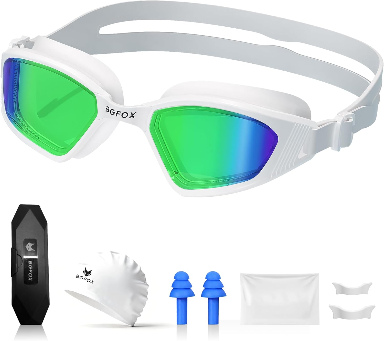BGFOX Swimming Goggles for Adults Men & Women - 8 in 1 Set with Anti-Fog, UV Protection, Leakproof Fit,Includes Case, Nose Bridges, Cap & Accessories for Training & Lap Swimming
