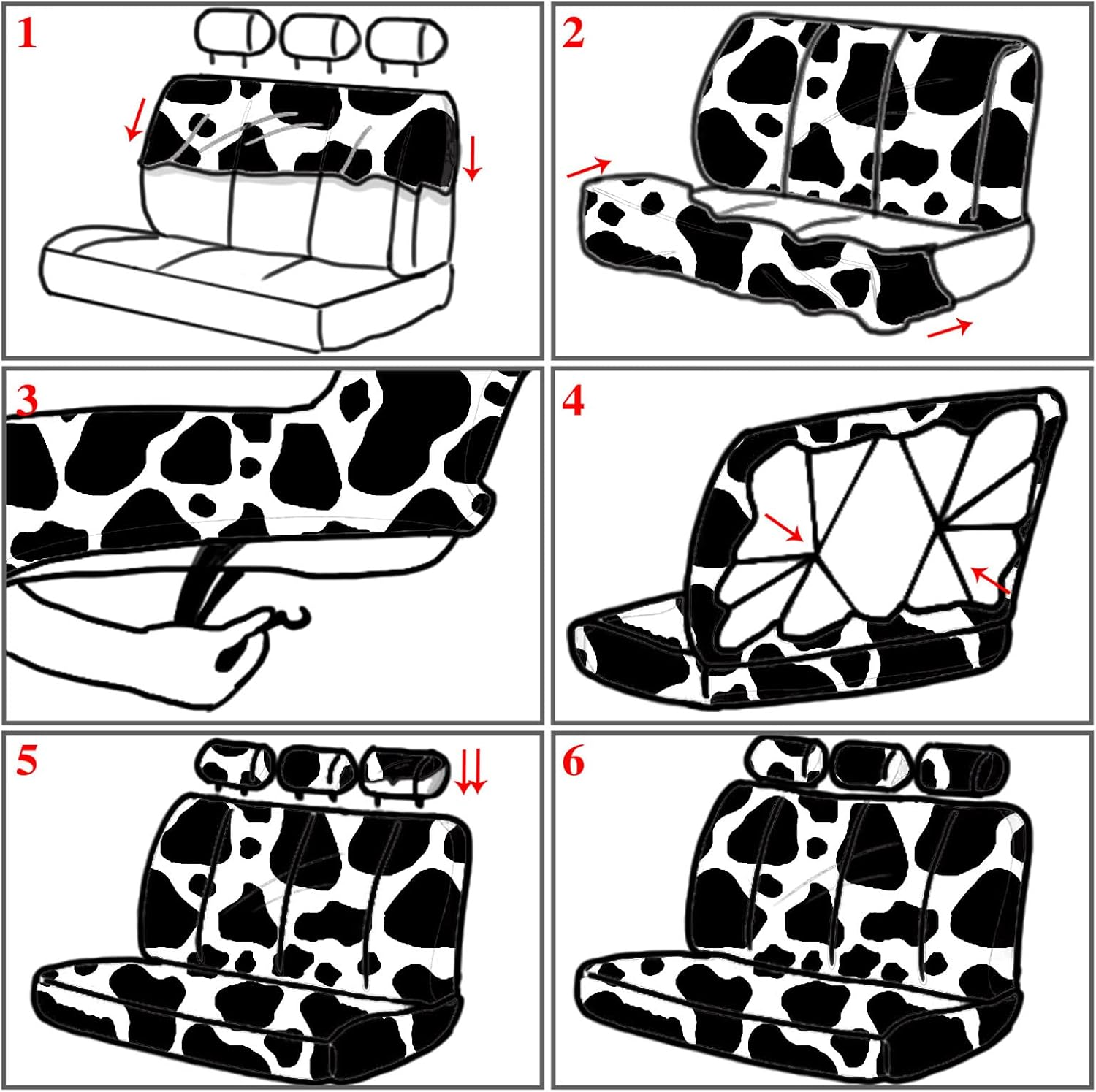 BBTO 26 Pcs Cow Print Car Accessories Cow Print Seat Covers Set Steering Wheel Cup Holders Foot Armrest Pads License Plate Seat Belt Mirror Handbrake Gear Cover Keyring for Truck SUV