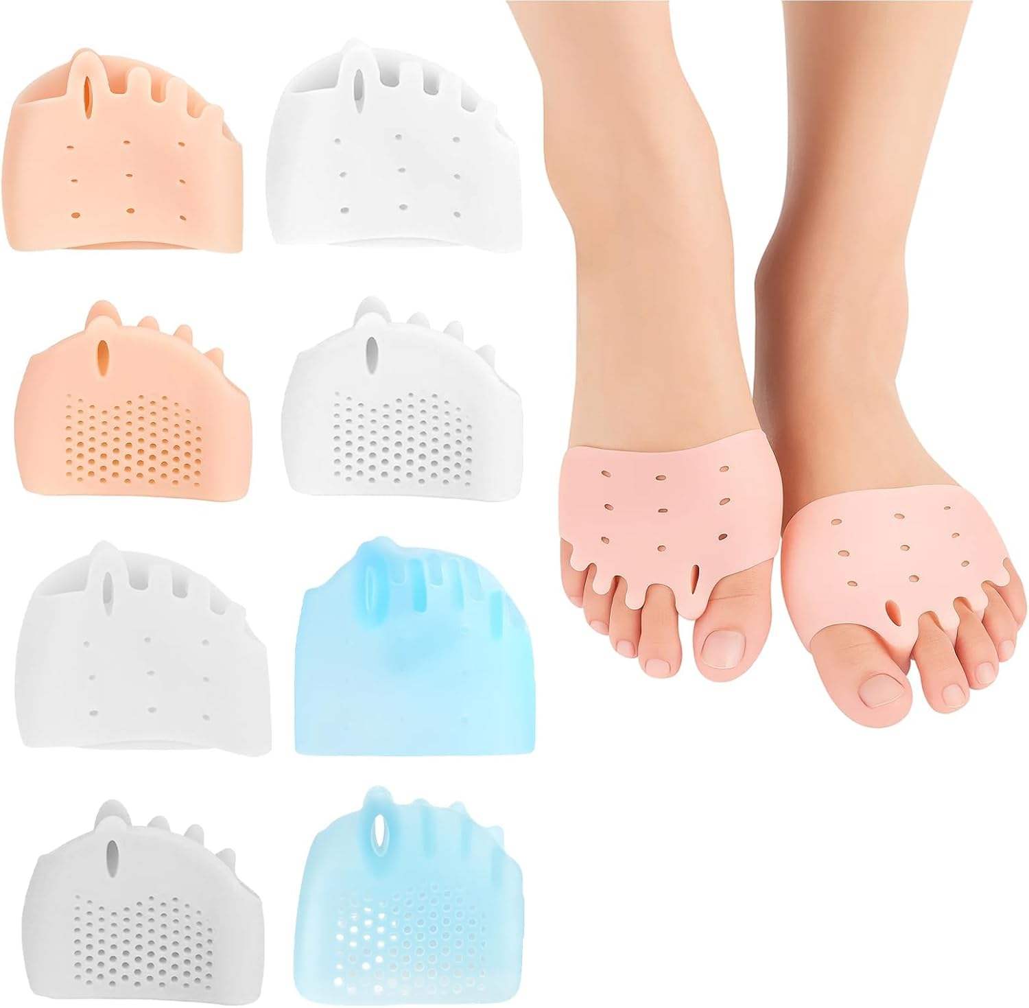 Toe Separators, Bunion Corrector Toe Spacers, 4 Pairs Gel Toe Separators for Women, Soft Comfortable Foot Cushions for Daily Walking, Yoga, High Heels, White, Transparent, Nude, Sky Blue image number 1
