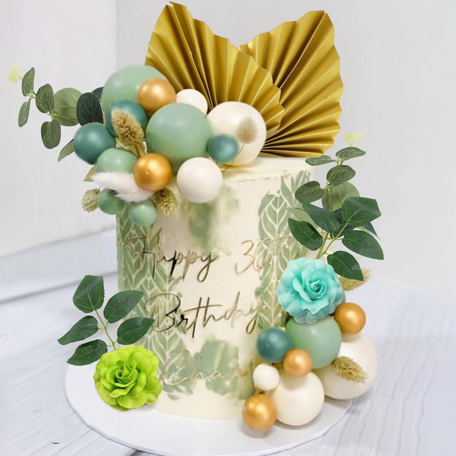 Jevenis Green Ball Cake Decoration Rose Cake Decoration Palm Leaves Cake Decoration Flower Cake Decorations Baby Shower Cake Decoration Wedding Cake Decoration - Green1 image number 2