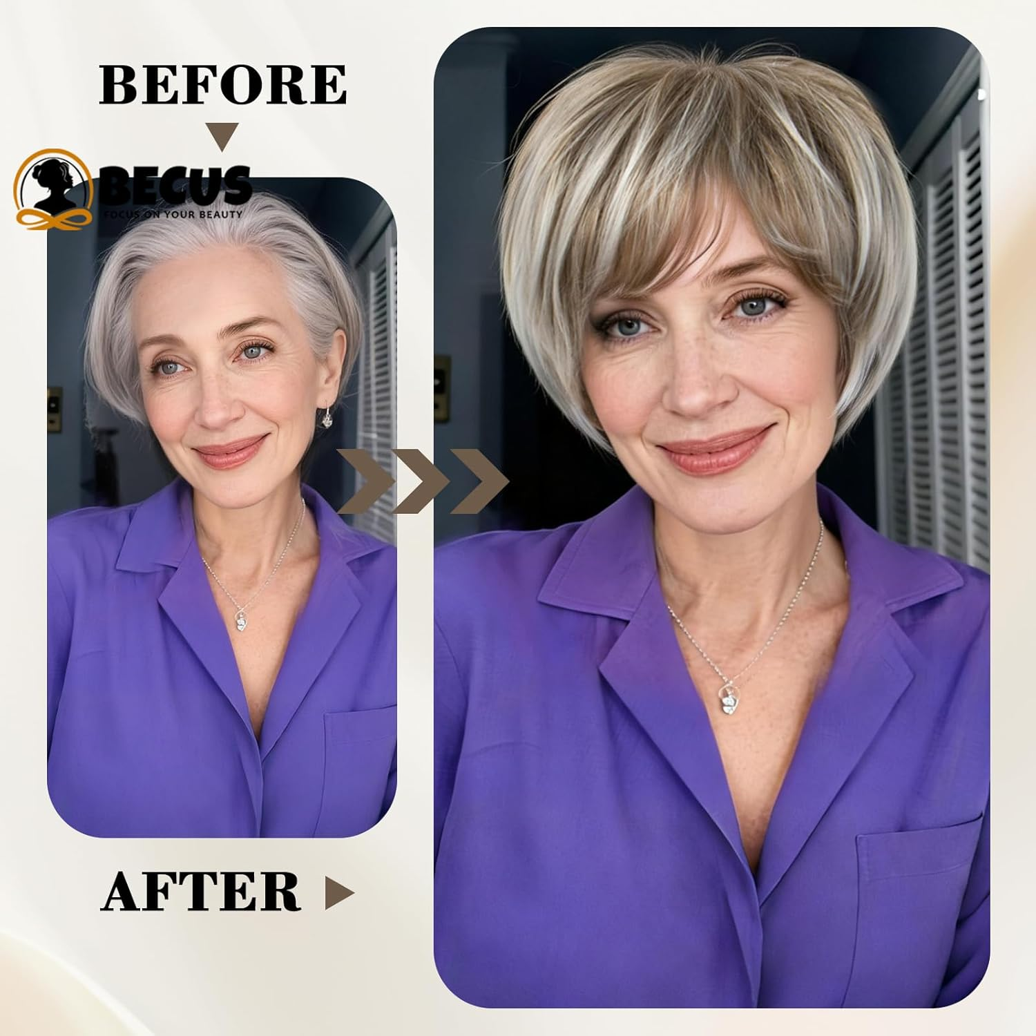 Becus Blonde Wig Short Women'S Pixie Cut Fluffy Synthetic Wig Short Hair Blonde Ombre Dark Root Layered Hair with Fringe Wigs for Women Daily Use (Ash Blonde)