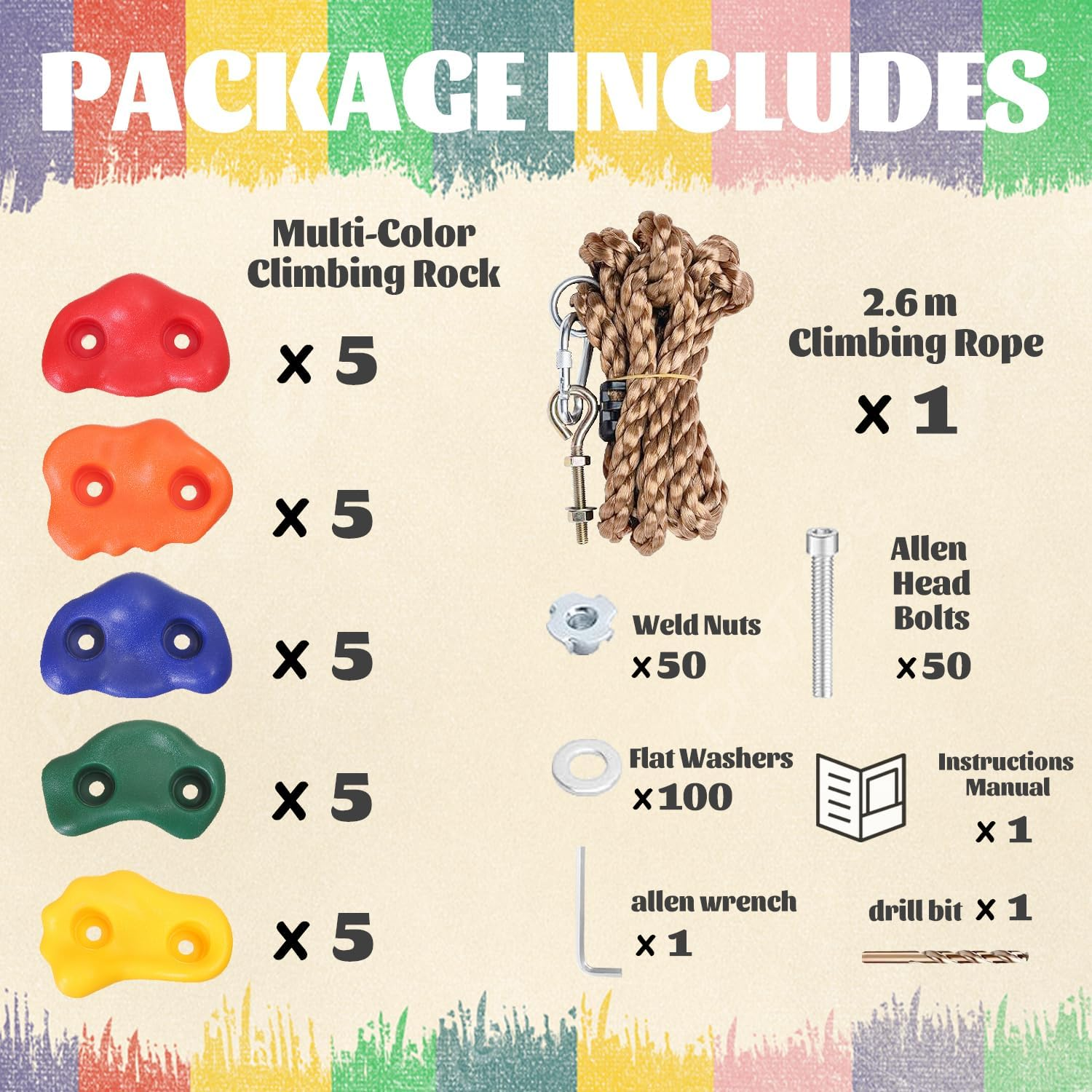 THANMAO Rock Climbing Holds for Kids and Adults,Playground Accessories,Indoor & Outdoor Rock Wall Climbing Kit,With Mounting Hardware and Knotted Rope (25 Pack) image number 5