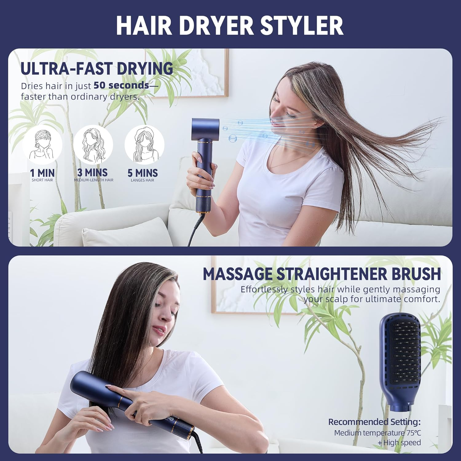 5-In-1 Hair Dryer Brush with 200 Million Negative Ions, 110,000 RPM Brushless Motor, Smart Temperature Control to Prevent Heat Damage, Multi-Functional Styler for Straightening, Curling, Volumizing, and Air Drying image number 6