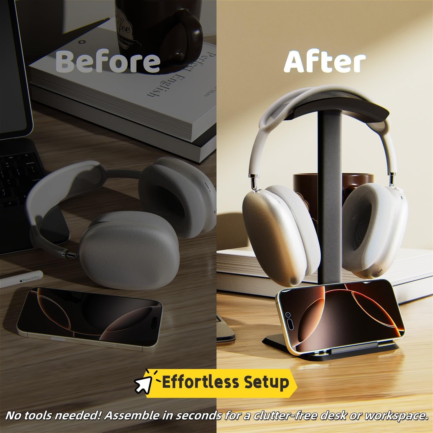 NQQNQQ 【1PACK】 2-In-1 Headphone Stand & Phone Holder &ndash; Aluminum Hanger, Plastic Headrest, Compatible with Airpods Max, Bose, Beats & More. TE-S (Black) image number 3