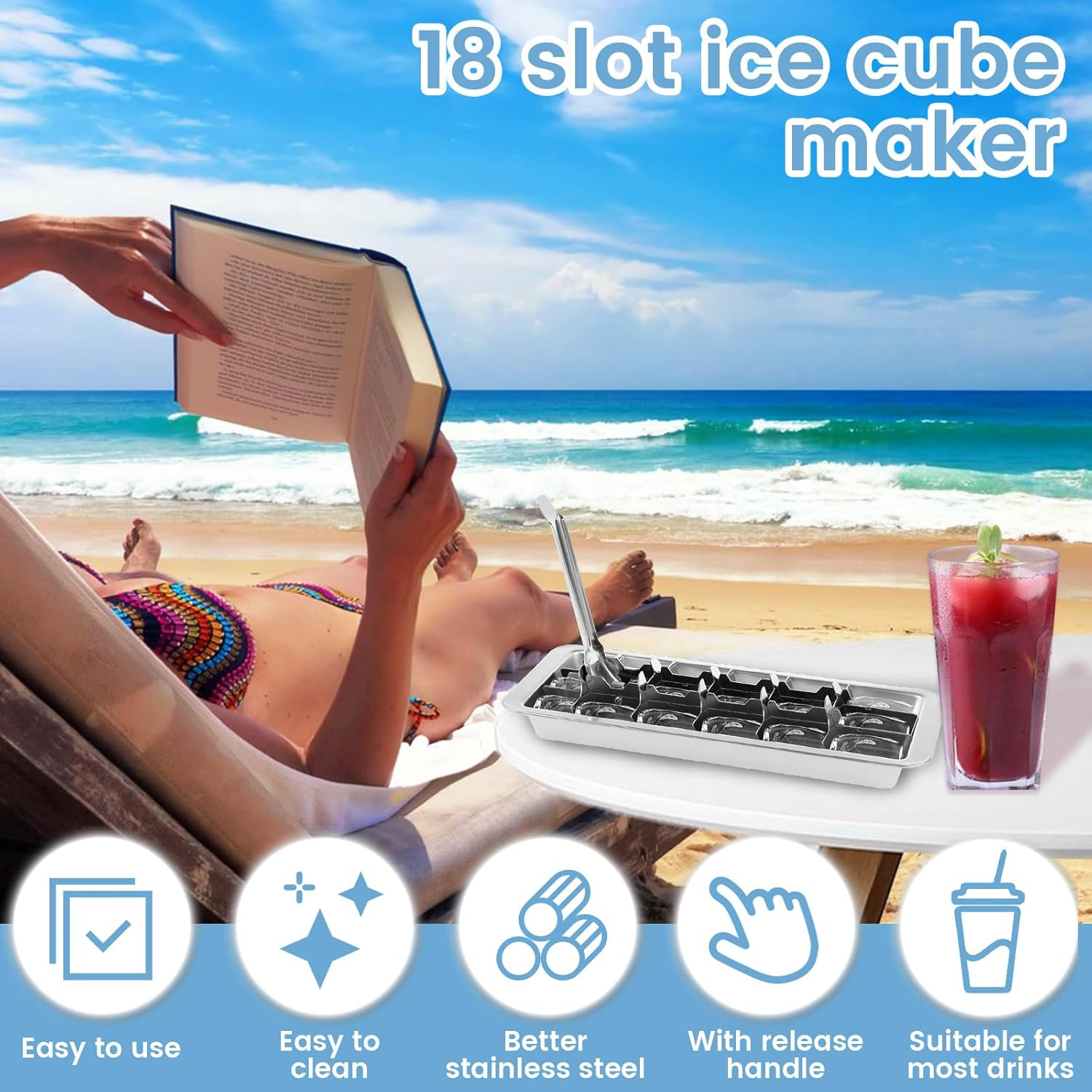 UKQRRTC Stainless Steel Ice Cube Tray, 18 Slot Removable Ice Cube Maker with Handle, Easy to Release Ice Cube Tray, Efficient Ice Cube Maker, Reliable Ice Cube Tray image number 1