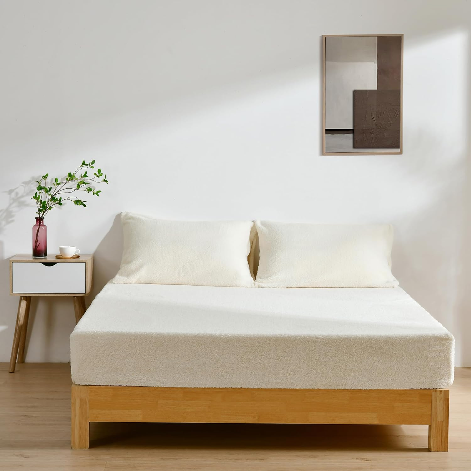 Dreamaker Ultra Plush Jasper Fleece Sherpa Fitted Sheet Double Bed & Pillowcase Combo Sheet Set Warm Touch Anti-Pilling Temperature Regulation Winter Warmer Deep Pocket Bedding Set - Snow Beige