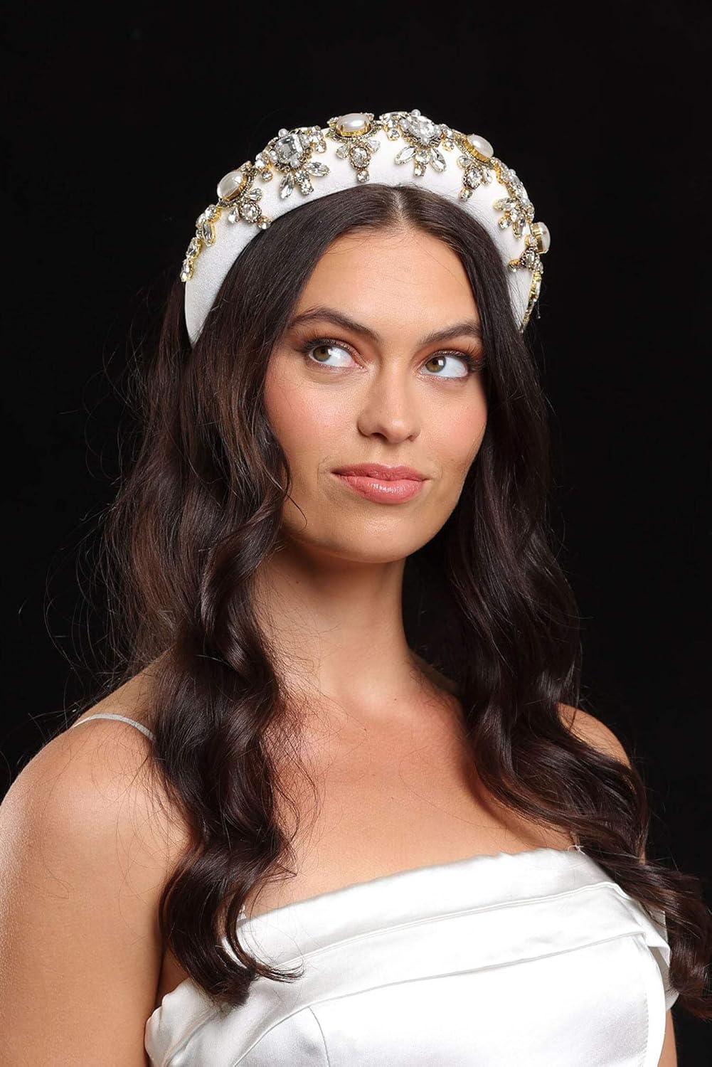 Morgan & Taylor Ophelia Beaded Padded Headband - White, Chic Statement Accessory White image number 2