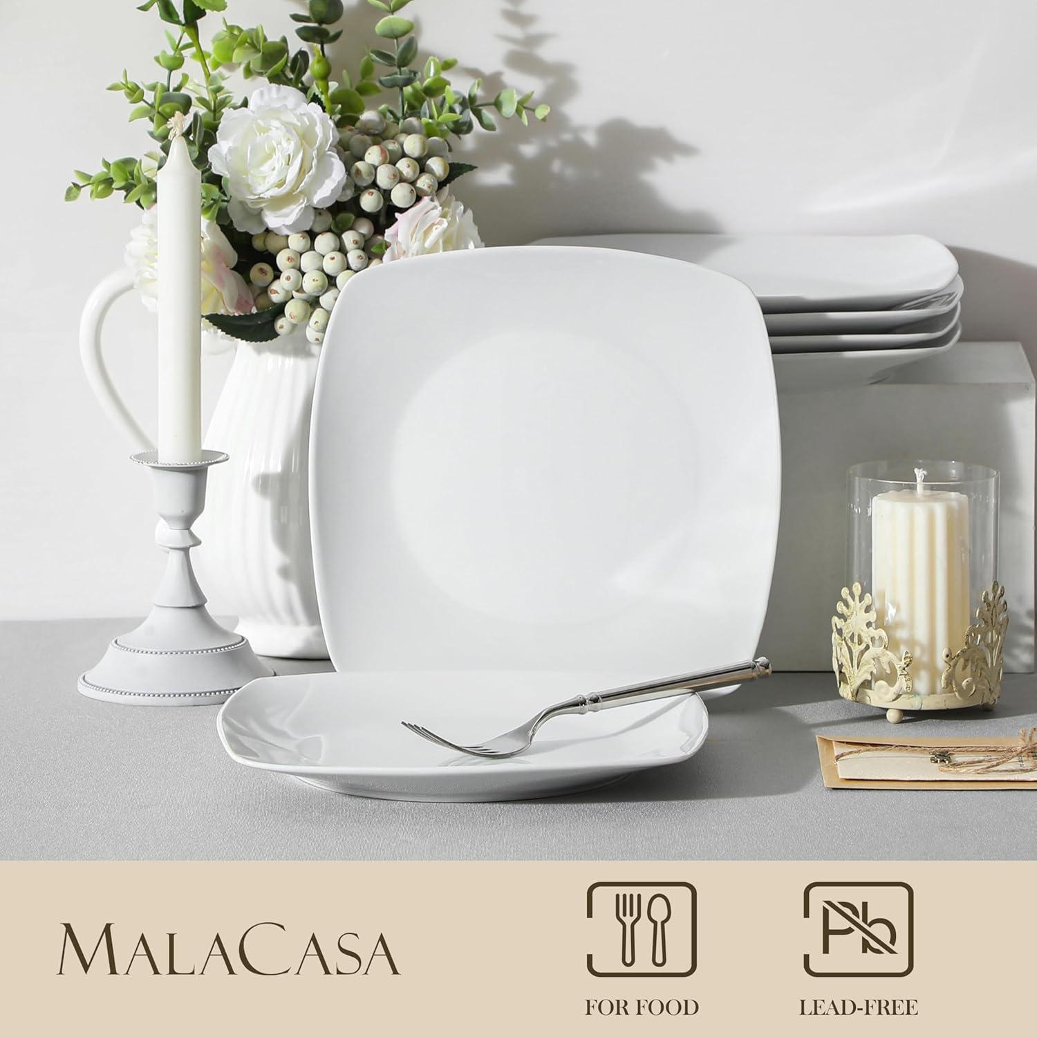 (6-Piece) - Malacasa, Series Julia, 9.5" Ivory White Square Porcelain Dinner Plate Set Christmas Flat Plate Set, Pack of 6 (23.5 23.5 2Cm) image number 5