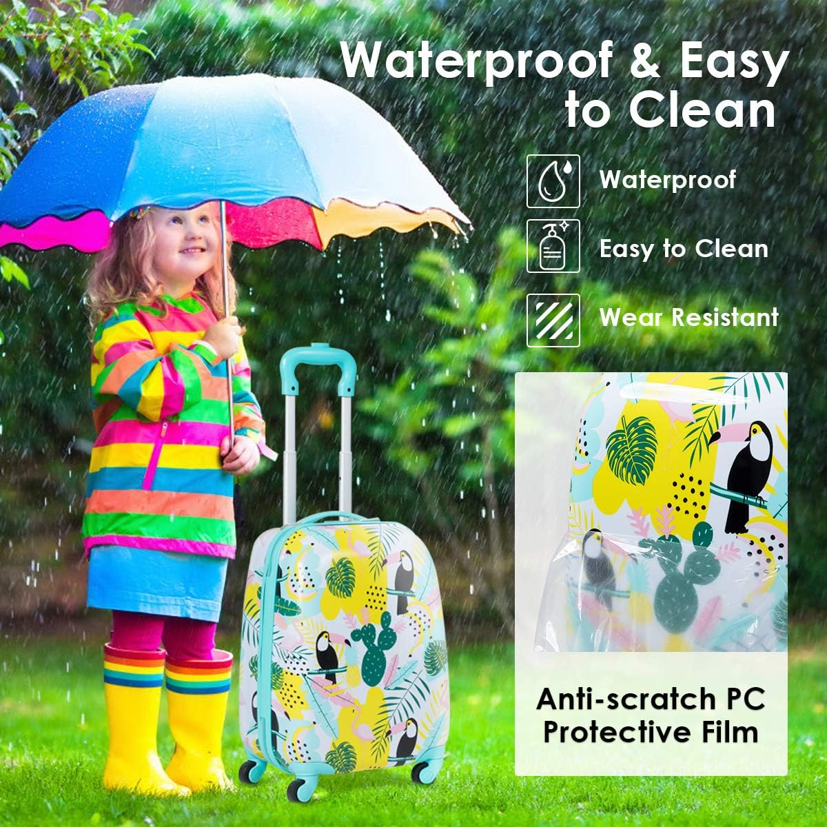 2PCS Kids Luggage Set Carry on with Spinner Wheels & Cute Flamingo Pattern, Adjustable Trolley Rod Height & Backpack Shoulder Strap, Kids Luggage Set Made of ABS, Polycarbonate & Nylon Material