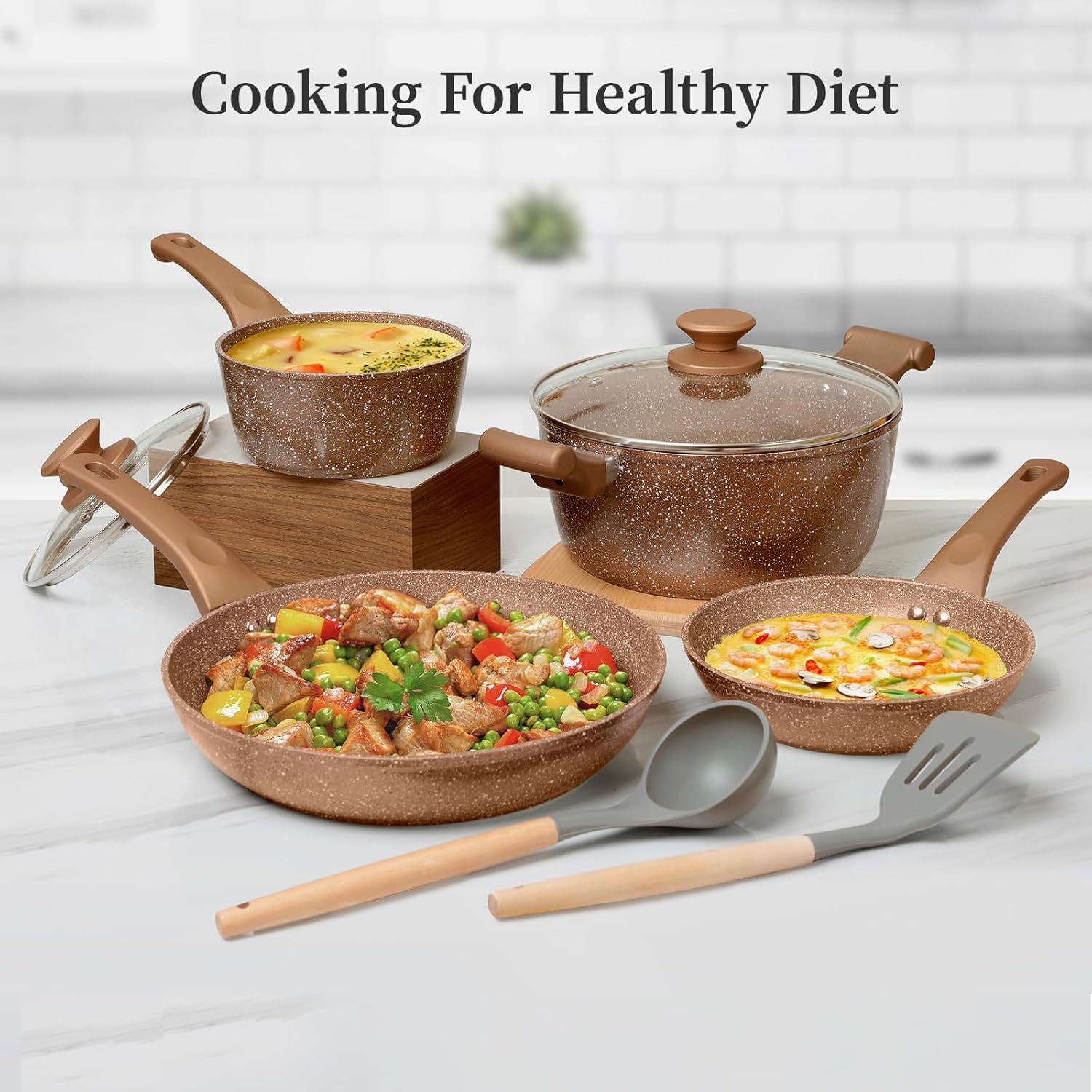 Innerwell Pots and Pans Set, 8 Pieces Non Stick Cookware Set, Gold Granite Stone Nonstick Cookware Set, Induction Kitchen Cookware Sets, Cooking Set W/Frying Pan, Saucepan, Casserole, PFOA&PFAS Free - Gold image number 4