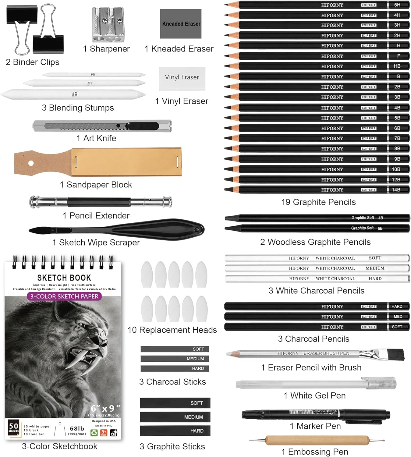 HIFORNY 60 Pcs Drawing Kit Sketching Pencil Set,Sketch Pencils Art Supplies with 3-Color Sketchbook,Graphite,Charcoal,Drawing Pencils for Adults Artists