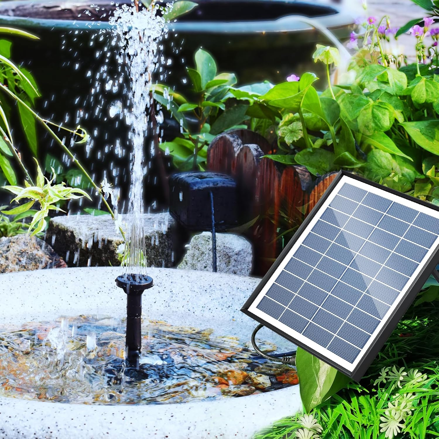 6.5W Solar Fountain Pump 200L/H Flow E Small Pond Pump Dc Brus Solar Powered Fountain Pump with 8 Nozzles 6 Modes for Bird Bath/Pond/Garden/Backyard/Landscape Black image number 4