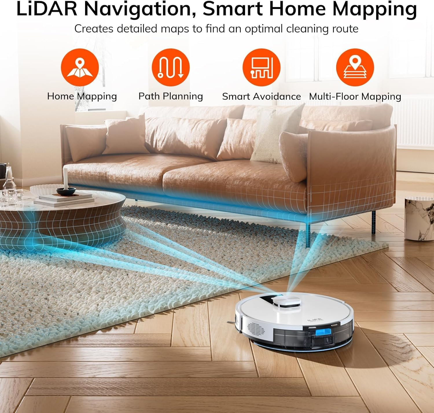 ILIFE A12Pro Robot Vacuum Cleaner and Mop,Self Emptying Station for 60 Days,Lidar Navigation, Home Mapping, No-Go Zones, 2.4G Wifi/App/Alexa/Remote Control, for Hard Floors (A12 Pro) image number 6