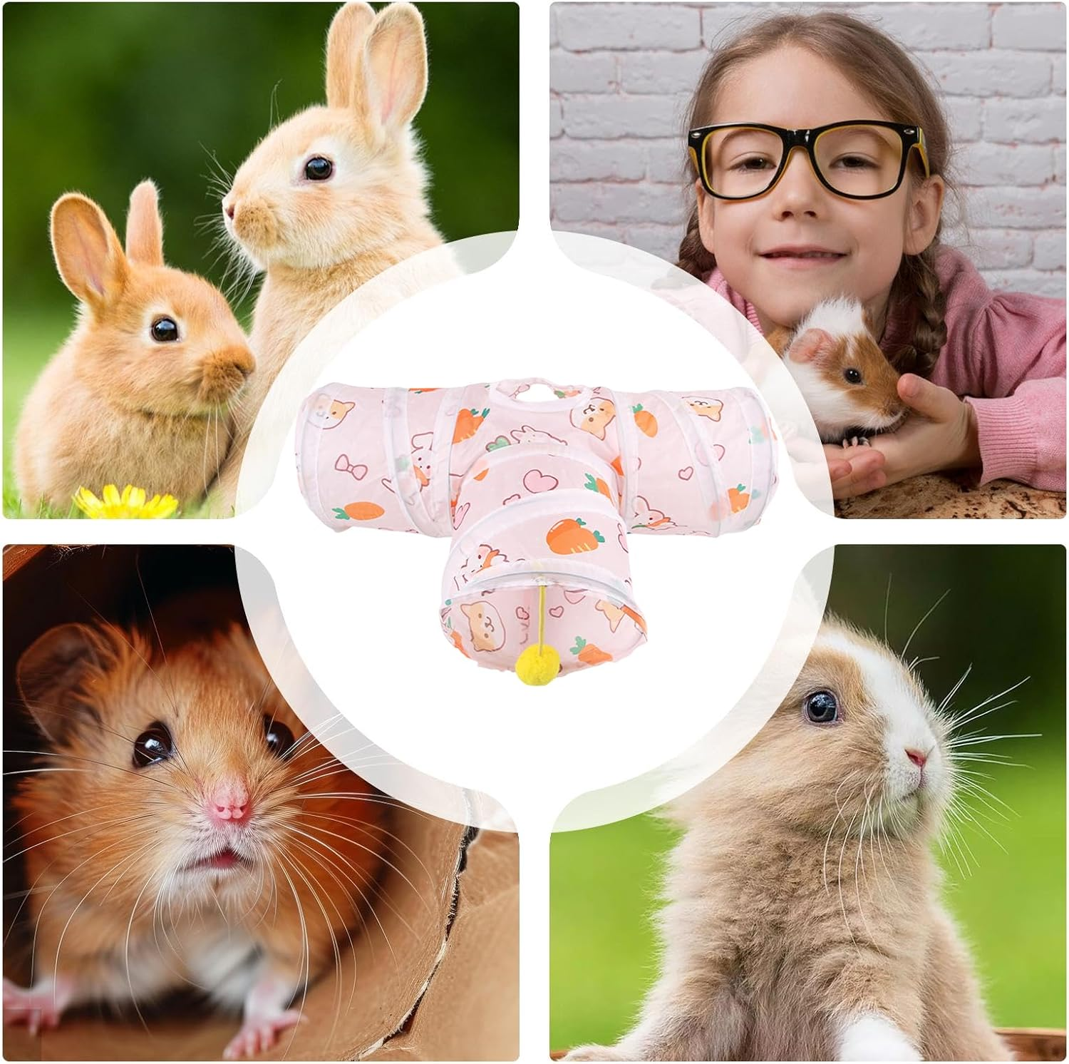 Bunny Tunnel Rabbit Tubes 1Way / 3 Way Cat Play Tunnel, Small Animal Activity Tube with Fun Toys for Hamster Rats Ferret Kitten Hedgehog Hiding and Resting - A image number 2