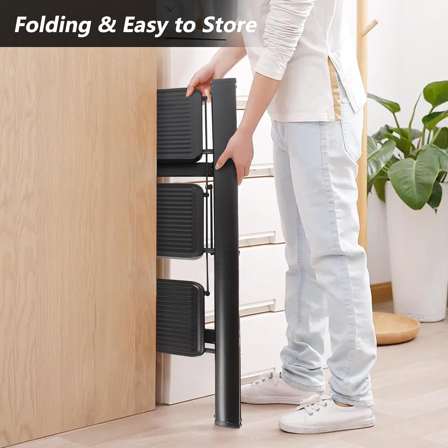 2 Step Ladder, Folding Stool with 20CM Widened Pedal, Lightweight Carbon Steel for Adults, 330Lbs Load Capacity for Home, Bedroom, Balcony, Living Room, Kitchen(2 Step Ladder) image number 4
