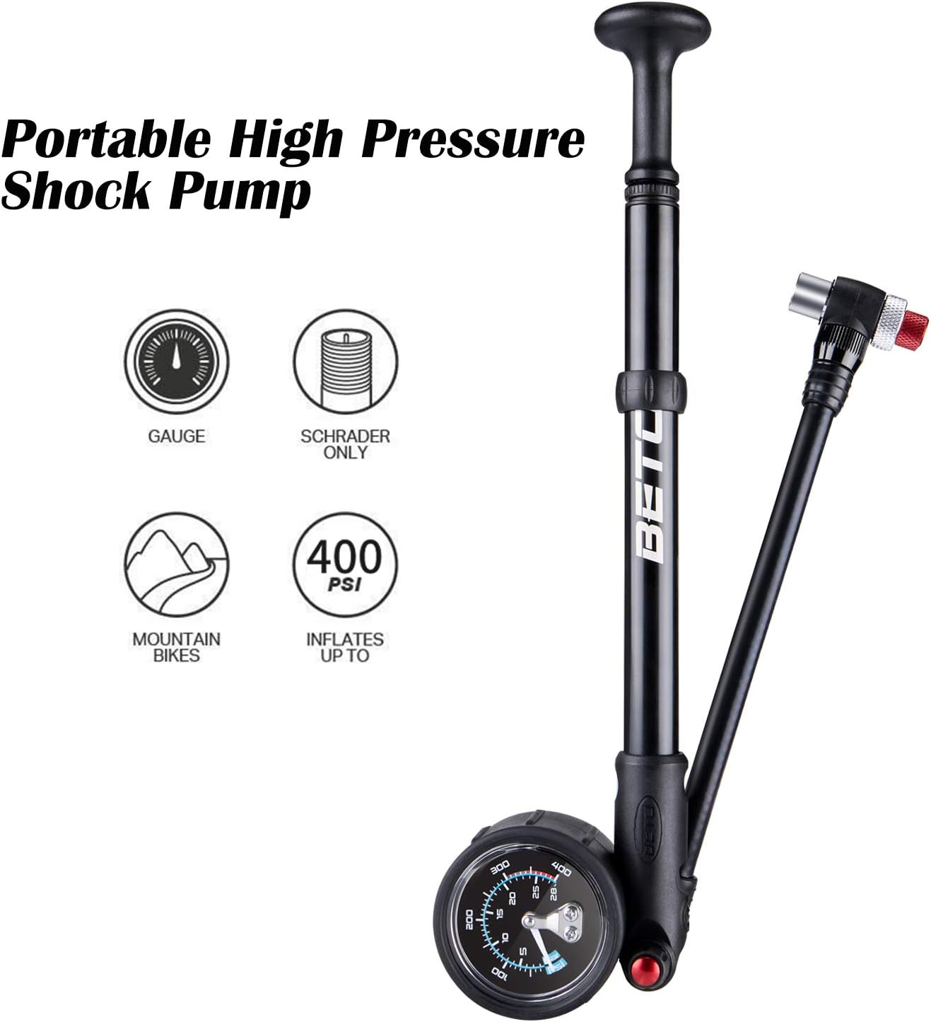 BETO High Pressure Shock Pump - (400 PSI Max) MTB Bike Shock Pump for Fork & Rear Suspension with No-Loss Schrader Valve image number 4