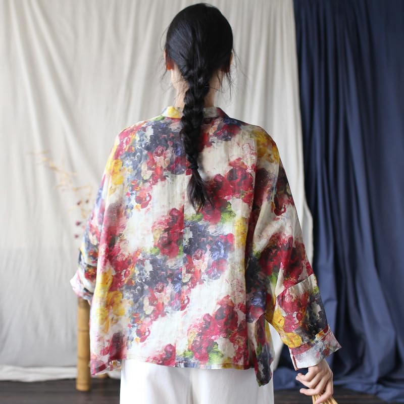 Vintage Long-Sleeve Hand-Made Frog-Button Loose Cardigan Jacket for Women image number 4