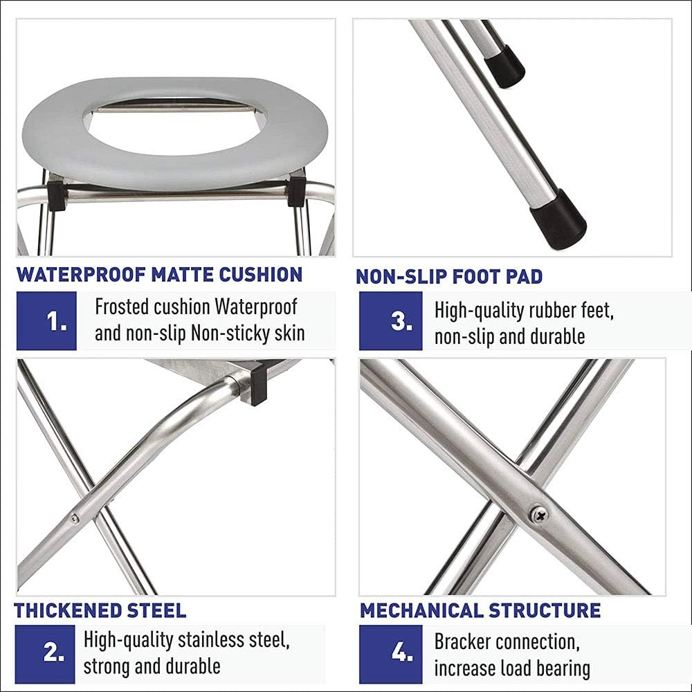 Portable Outdoor Folding Commode Toilet Seat, Stainless Steel Portable Potty Commode Chair, Perfect for Camping, Traveling, Hiking, Fishing, Outdoor Living (Gray) - Gray image number 4