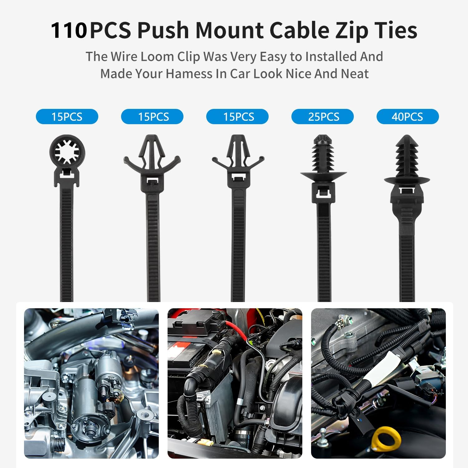 Armpow 110 PCS Automotive Installation Black Push Mount Cable Zip Ties Assorted Sizes, Heavy Duty Self-Locking UV Resistant Wire Ties - for Indoor Wire Bundling, Construction, Automotive image number 3
