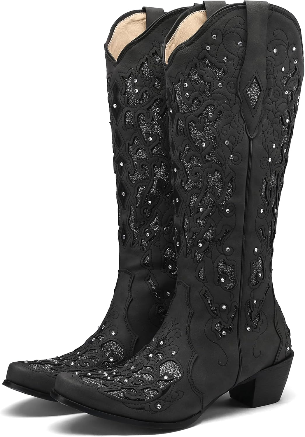 Sarairis Cowboy Boots for Women Cowgirl Boots Western Boots Chunky Heel Pointed Toe Pull on Rhinestones Embroidered Knee High Boots Mid Calf Boots image number 3