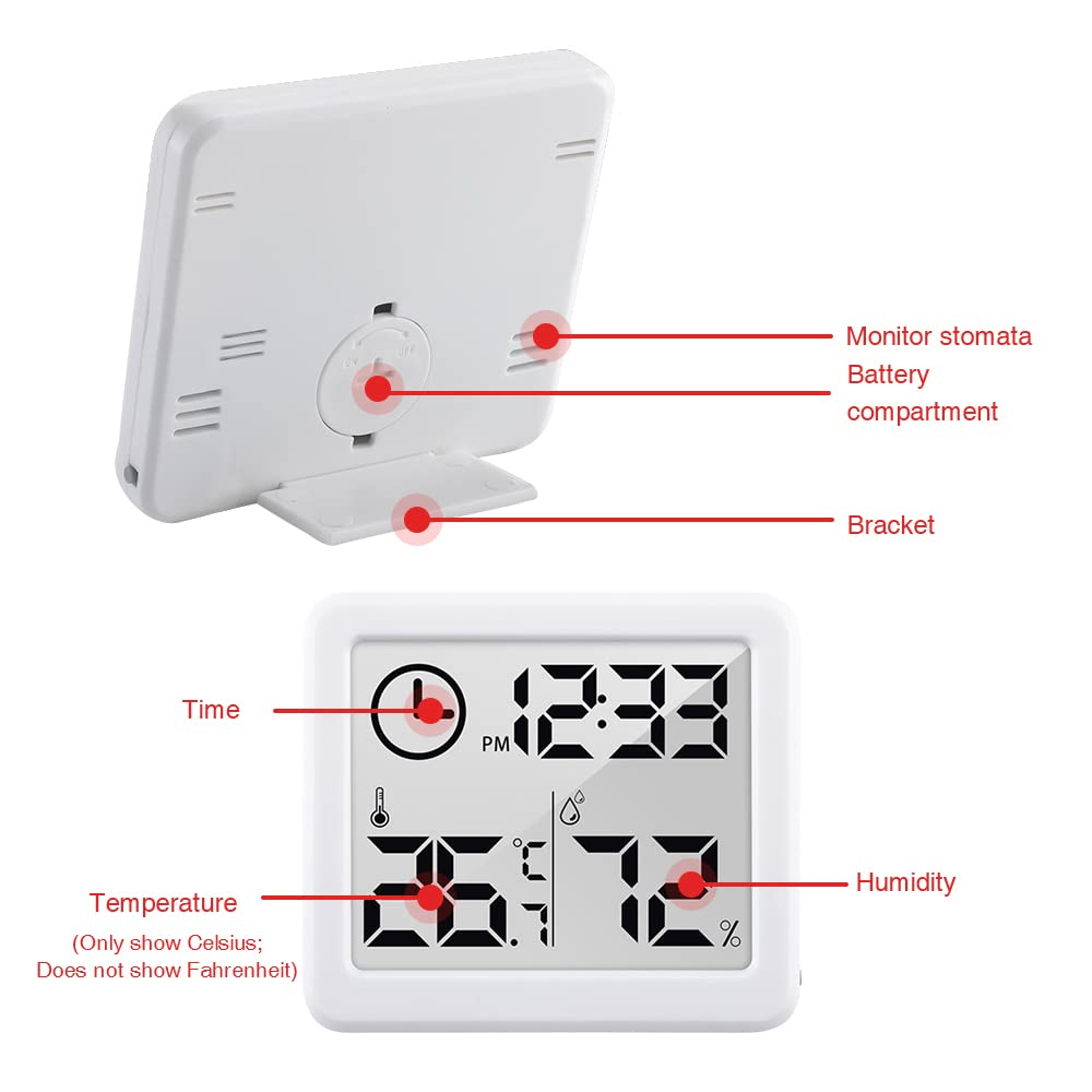 [2 Pack] 3.2 Inch Digital Indoor Hygrometer Thermometer, Room Humidity Gauge with Time Clock, High Accuracy Temperature Humidity Monitor with Magnet for Home Office Baby Room Greenhouse White image number 5