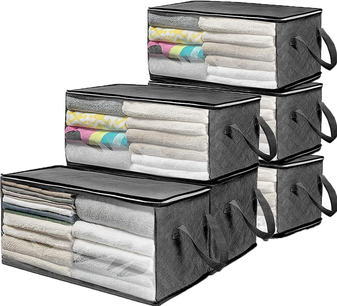 CJWLKJ 54L Clothing & Closet Storage Bags, 6 Pack Closet Organizers and Storage, Clothes Foldable Storage Bins with Handles, Storage Containers for Clothing, Blanket, Comforters, Toys, Bedding, Grey