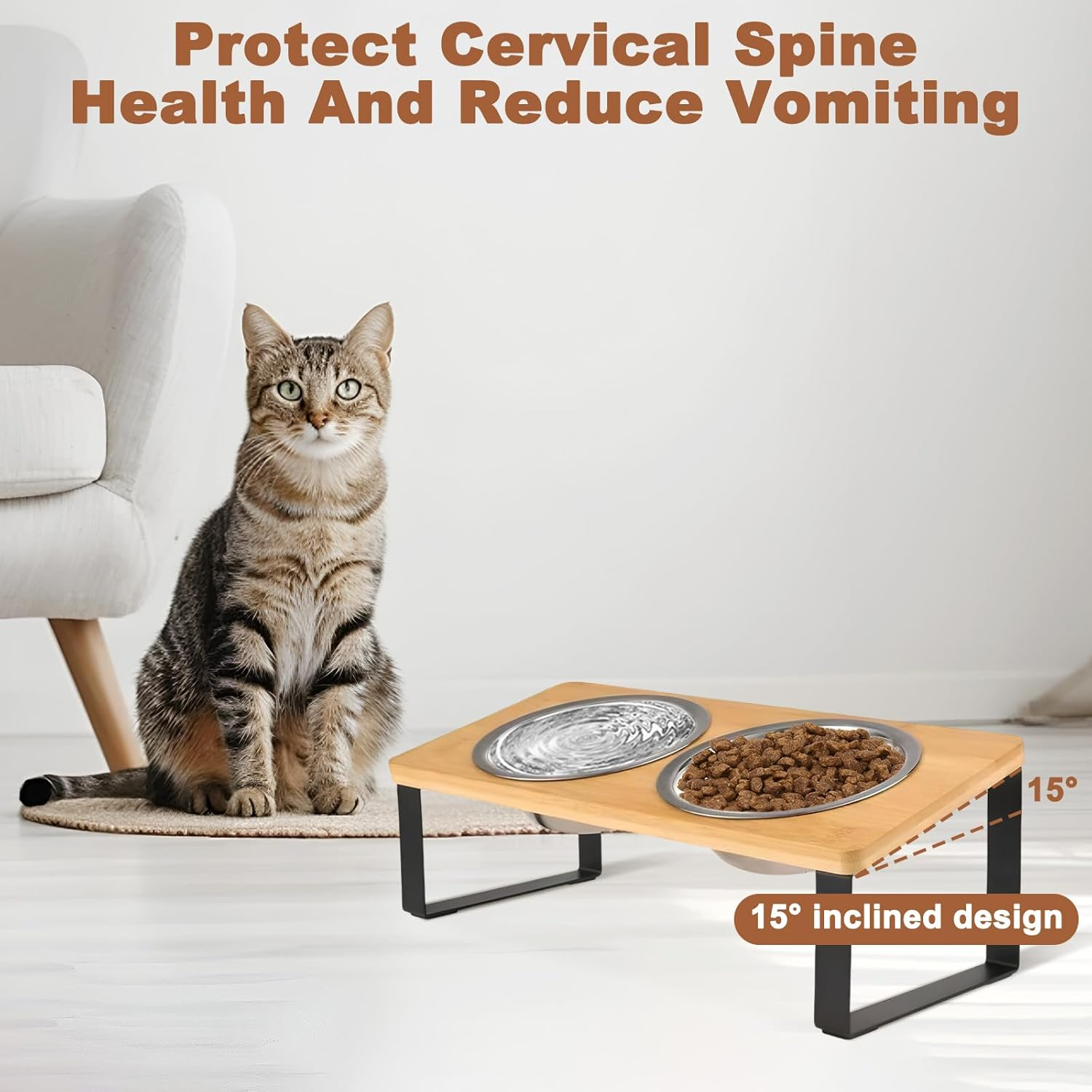 Elevated Cat Food Bowls with Non-Slip Mat, 15&deg; Tilted Stainless Steel Raised Feeding Dishes, anti Vomiting Station for Pet Food & Water, Durable Bamboo Stand Bowl for Cats & Small Dogs image number 1