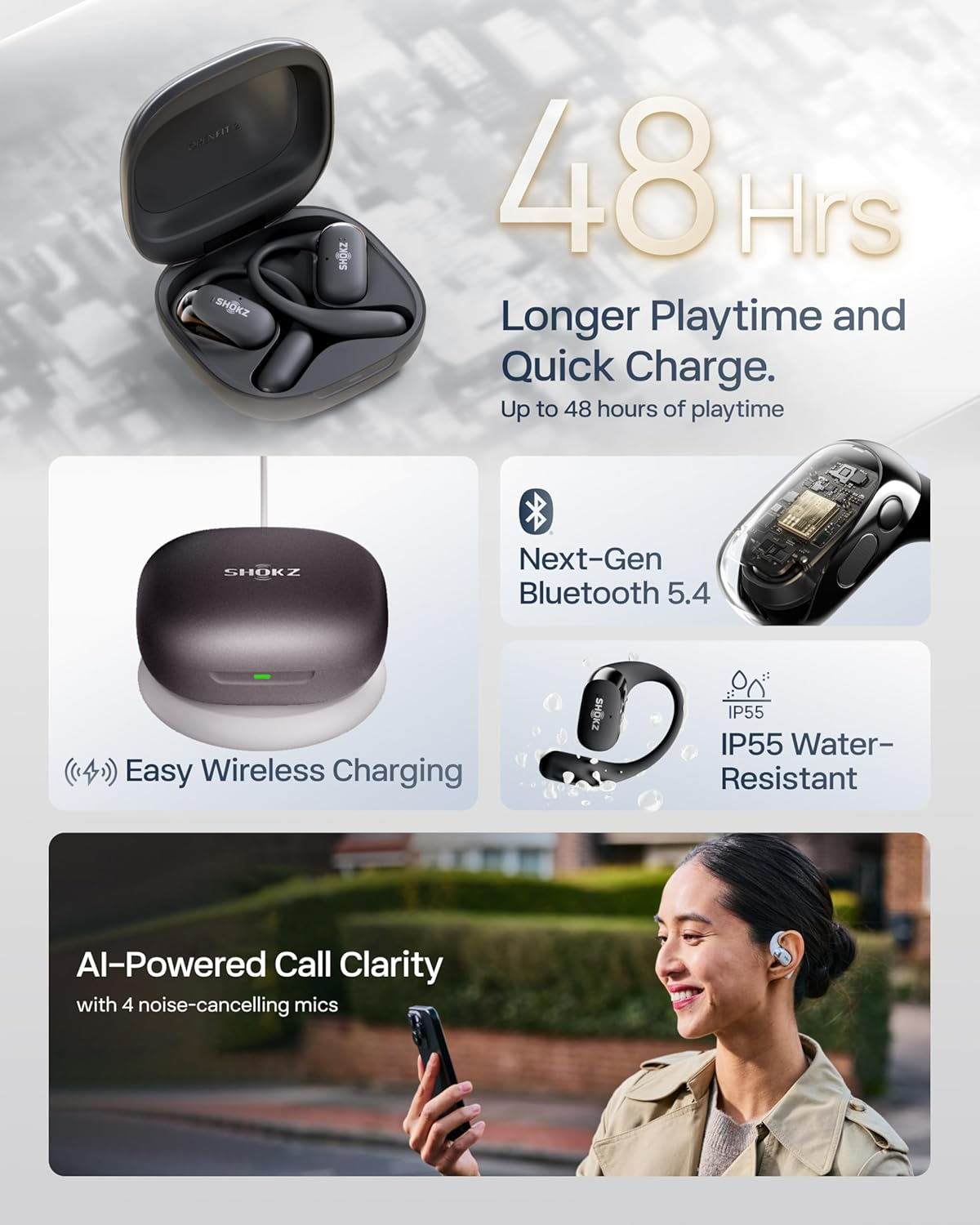 Shokz New Openfit 2+ Open-Ear Headphones, Dolby Audio Enabled, Comfortable Earbuds with Soft Ear Hooks, 48H Playtime, IP55 Water-Resistant, USB-C Fast Charging, Wireless Charging, Carrying Bag, Black - Grey image number 7