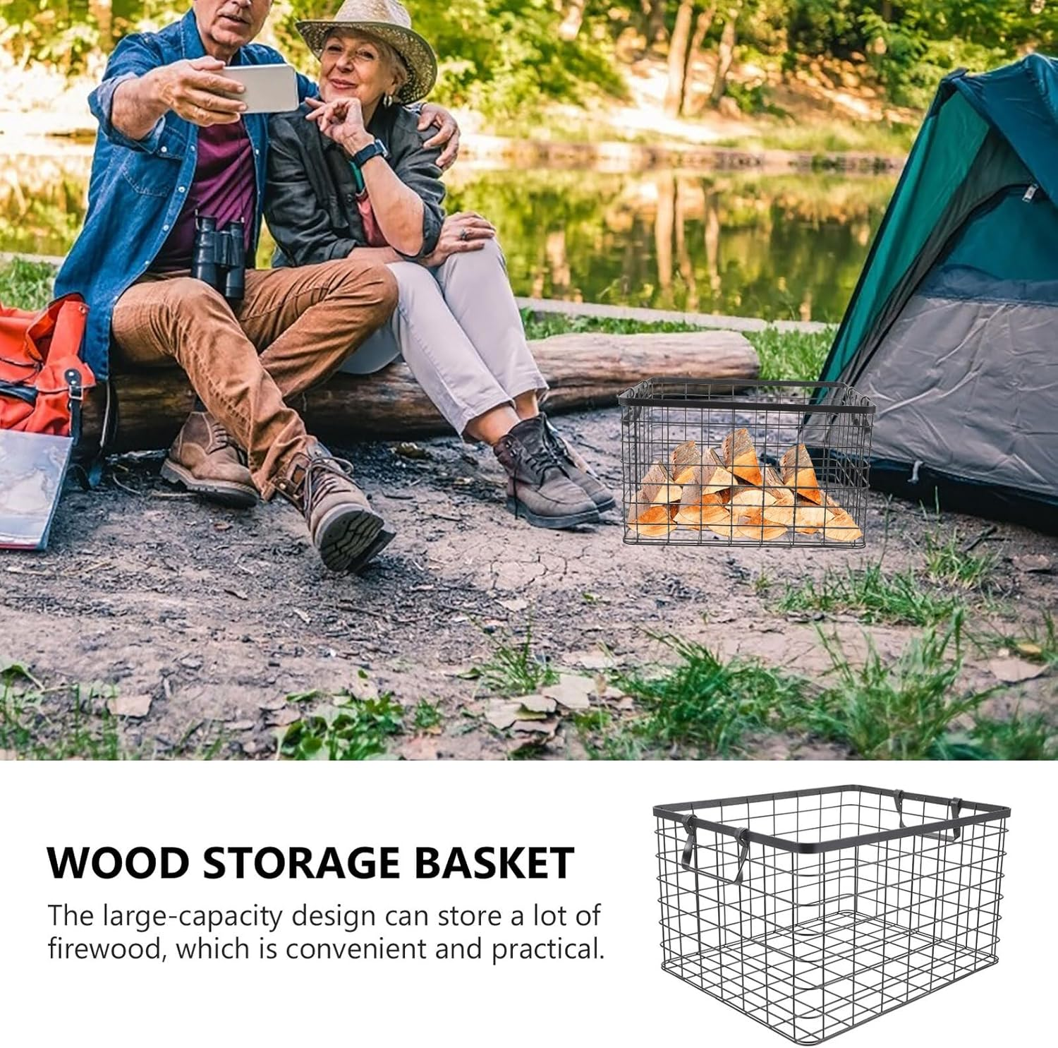 Gadpiparty Large Rustic Firewood Storage Basket with Foldable Handle Non-Slip Iron Log Carrier for Outdoor and Indoor Wood Organization Weather-Resistant Firewood Organizer Medium Gold image number 1