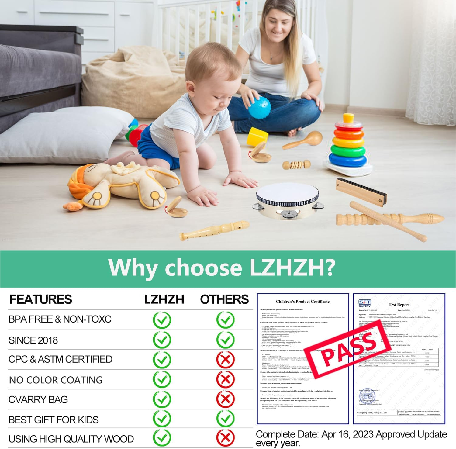 Toddler Musical Instruments International Natural Wooden Percussion Instruments Toy for Kids Preschool Educational, Musical Toys Set for Boys and Girls with Storage Bag image number 5